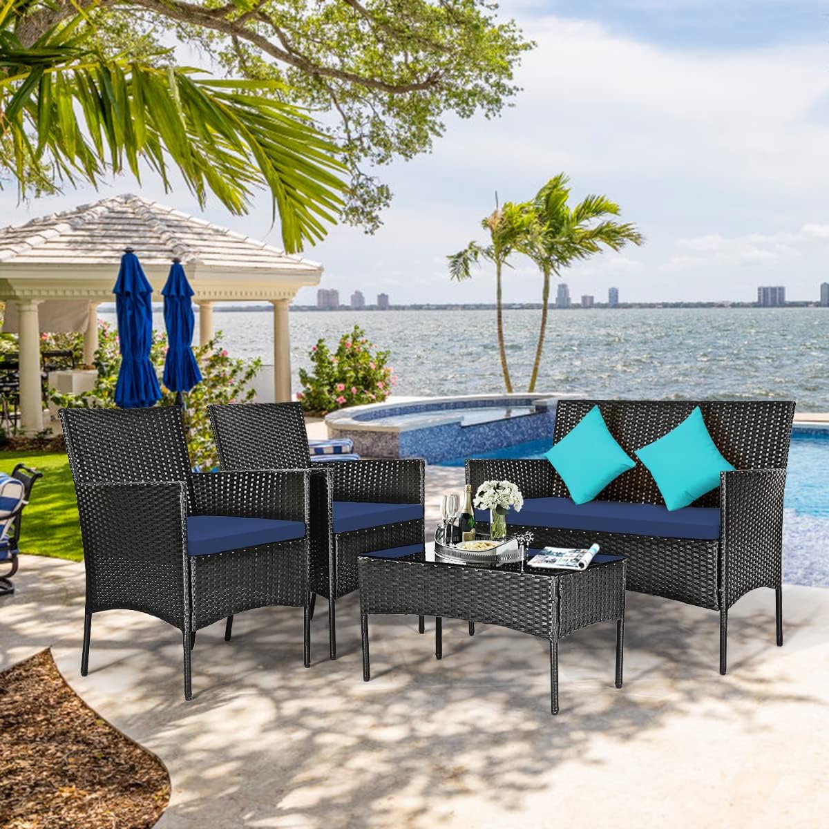 Tangkula 8 Piece Patio Furniture Set, Outdoor Wicker Conversation Set with Tempered Glass Coffee Table, Rattan Loveseat & Chairs Set with Seat Cushions for Backyard, Garden, Poolside (2, Navy)