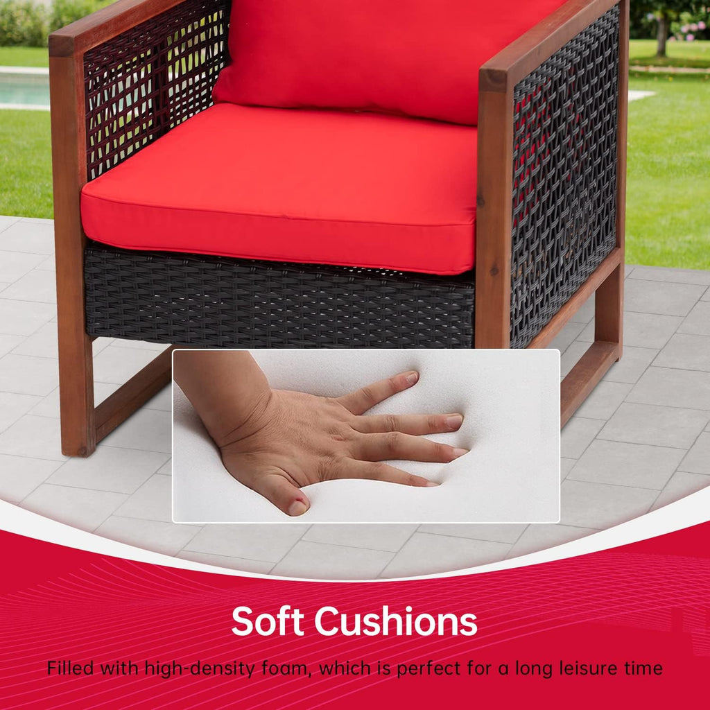 FDW Patio Bistro Set 3-Piece Acacia Wood Outdoor Chat Conversation Table Chair Set Outdoor Wood Chat Set with Water Resistant Cushions and Coffee Table for Beach Backyard Garden,Red Cushion