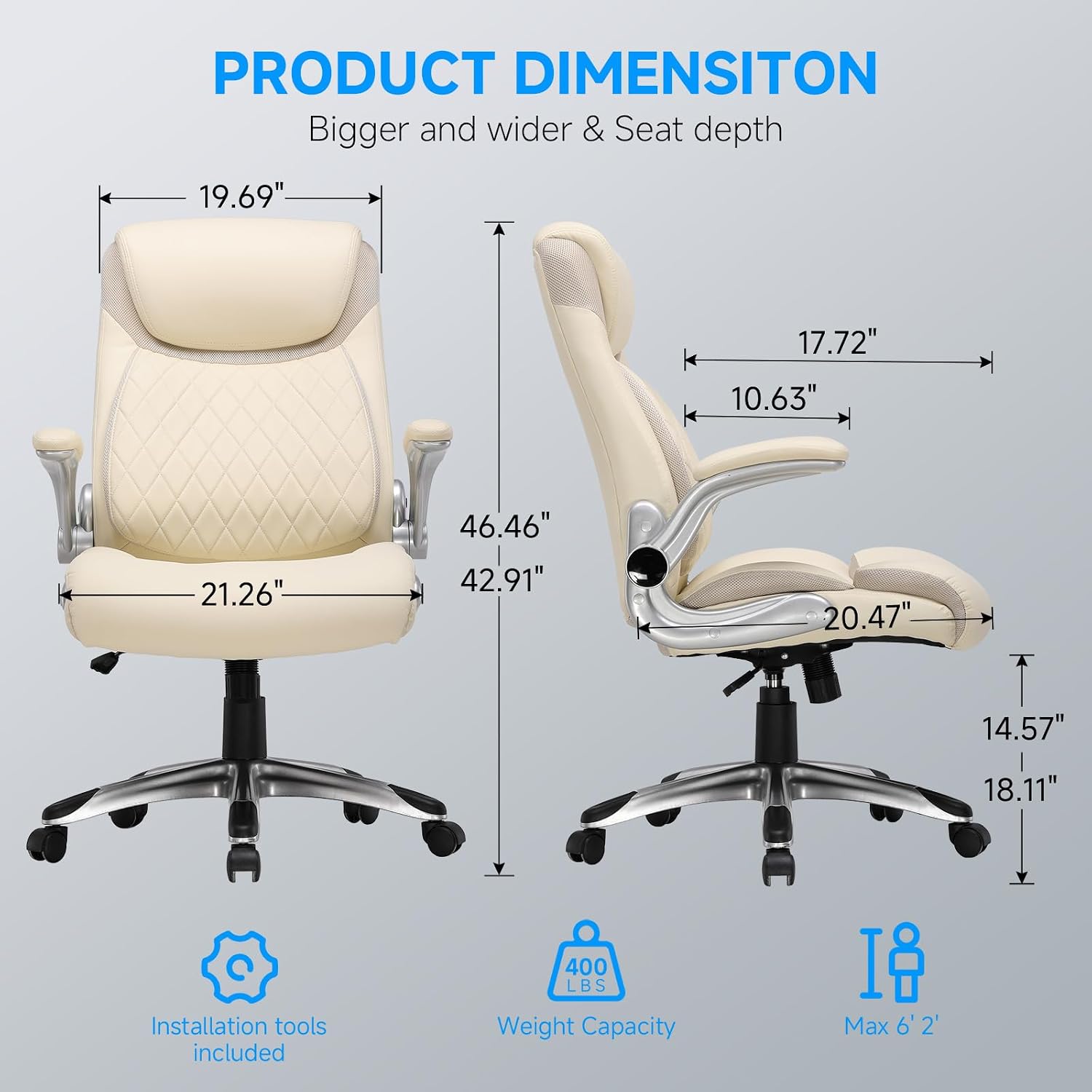 GTPLAYER Big and Tall High Back Office Chair 400LBS Wide Leather Executive Chair Height Adjustable Lumbar Support & Armrests, Comfy Desk Gaming Chairs Computer Swivel Chair, Cream