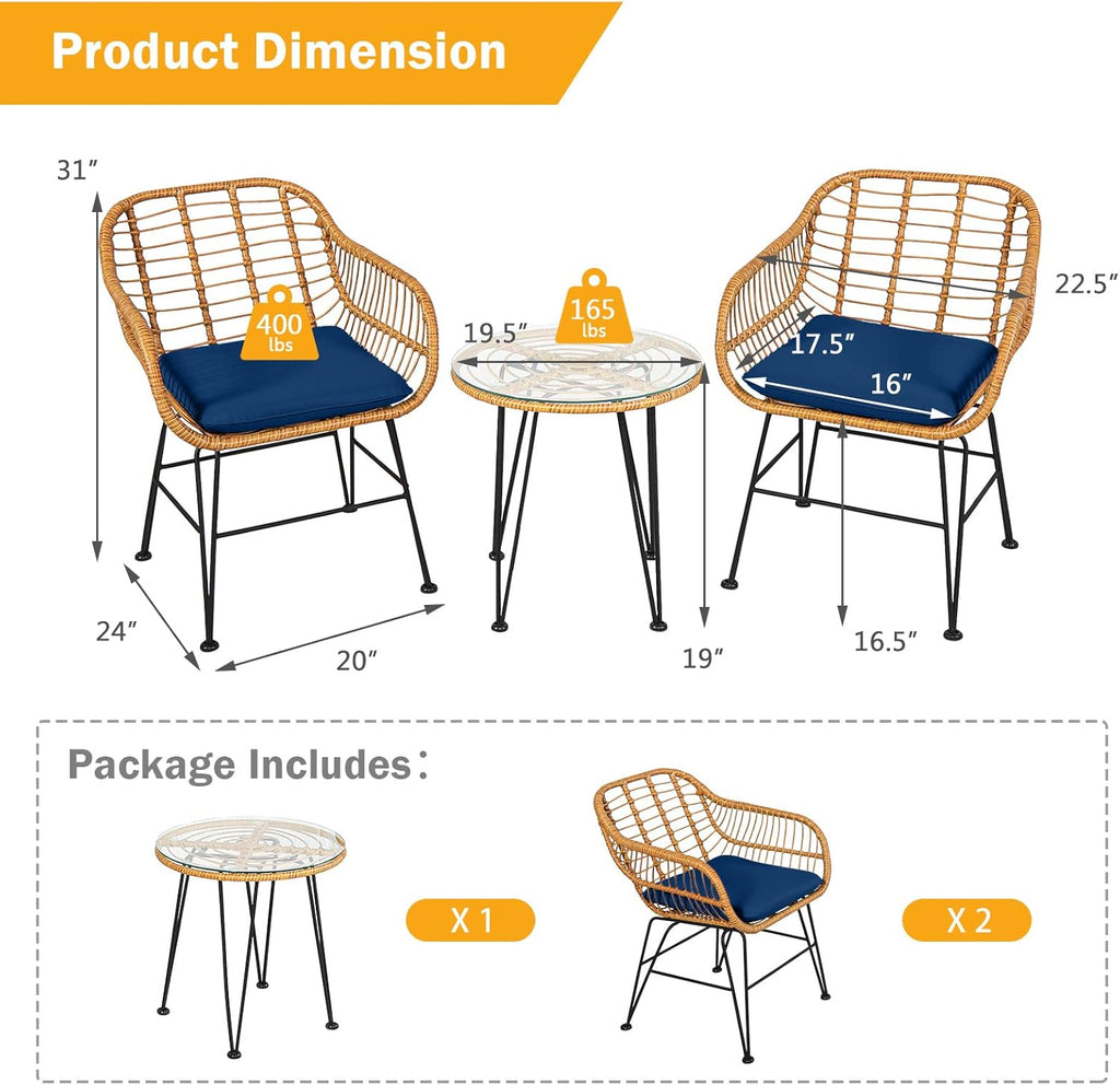 Tangkula 3 Pieces Patio Bistro Set, Rattan Conversation Set with 2 Cushioned Armchairs & Round Glass Coffee Table, Indoor Outdoor Wicker Furniture Set for Balcony, Backyard, Garden, Poolside