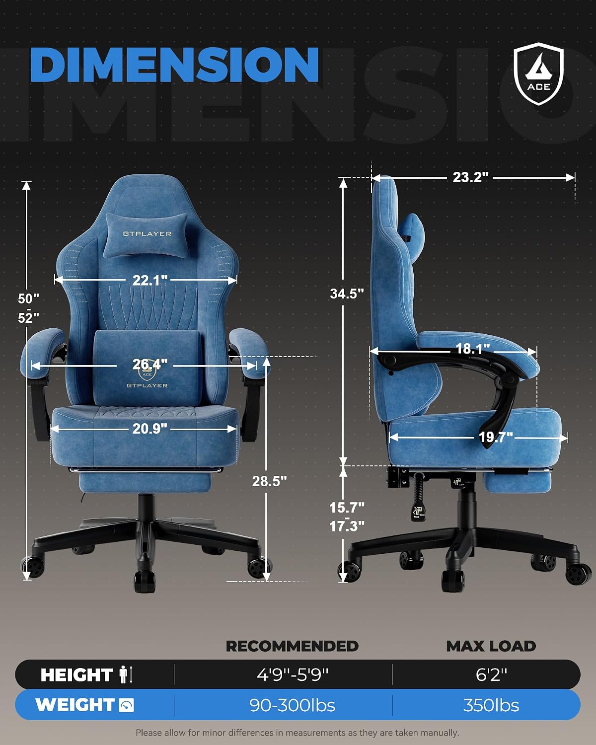 GTPLAYER Gaming Chair for Adults, Ergonomic Video Game Chairs, Footrest & Linkage Armrest, Reclining High Back Silla Gamer with Wider Seat for Home Office, Ace Pro, Blue(Velvet)