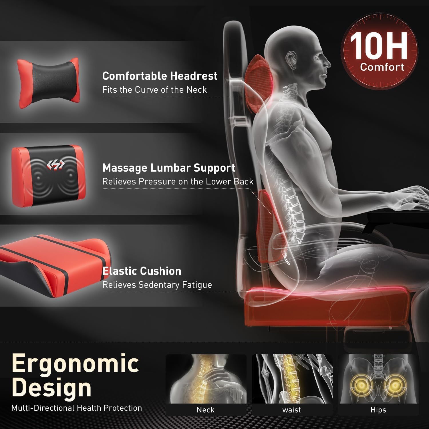HLDIRECT Gaming Chair, Ergonomic Video Game Seat with 360° Swivel & Lumbar Massage for Adults Home/Office Use, Computer Chair PU Leather Cushion (Black & Red)