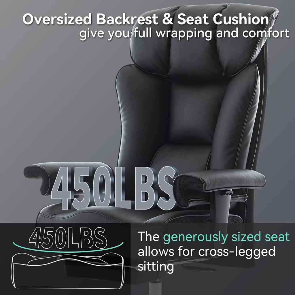 Efomao Big and Tall Office Chair 450lbs, 5.9' Thick Pocket Spring Executive Office Chair with Footrest, High Back PU Leather Desk Chair, Wide Seat Computer Chair, Black