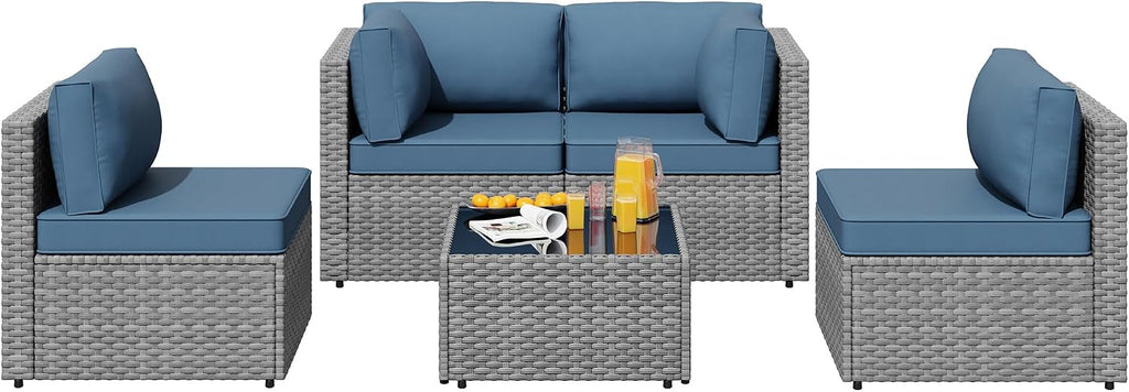 SUNLEI 5 Piece Patio Furniture Sets, Low Back All-Weather Rattan Sectional Sofa with Tea Table&Washable Couch Cushions, Patio Furniture Sets, Silver Rattan