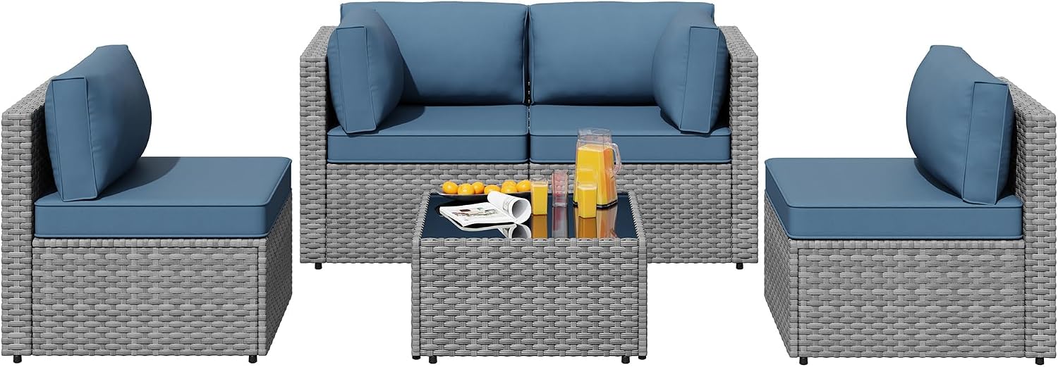 SUNLEI 5 Piece Patio Furniture Sets, Low Back All-Weather Rattan Sectional Sofa with Tea Table&Washable Couch Cushions, Patio Furniture Sets, Silver Rattan