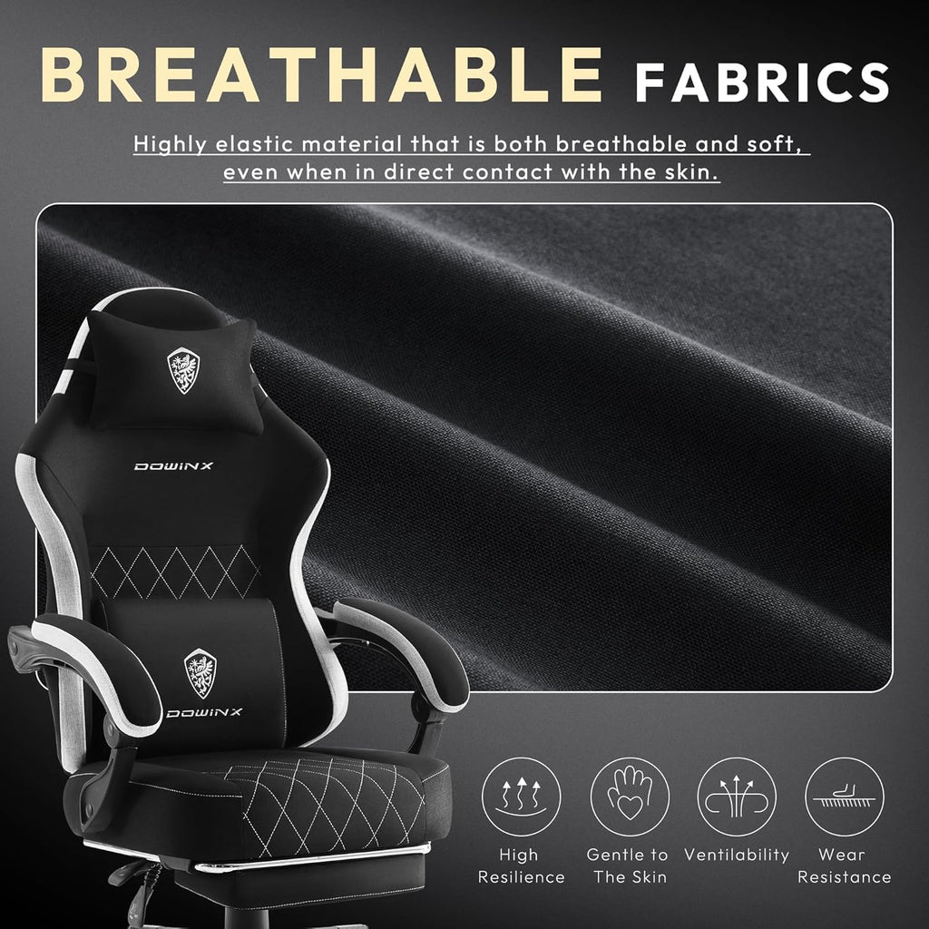 Dowinx Fabric Gaming Chair, Computer Office Chair with Pocket Spring Cushions and Lumbar Support, Ergonomic Massage Gaming Chairs with Footrest for Big and Tall, Black