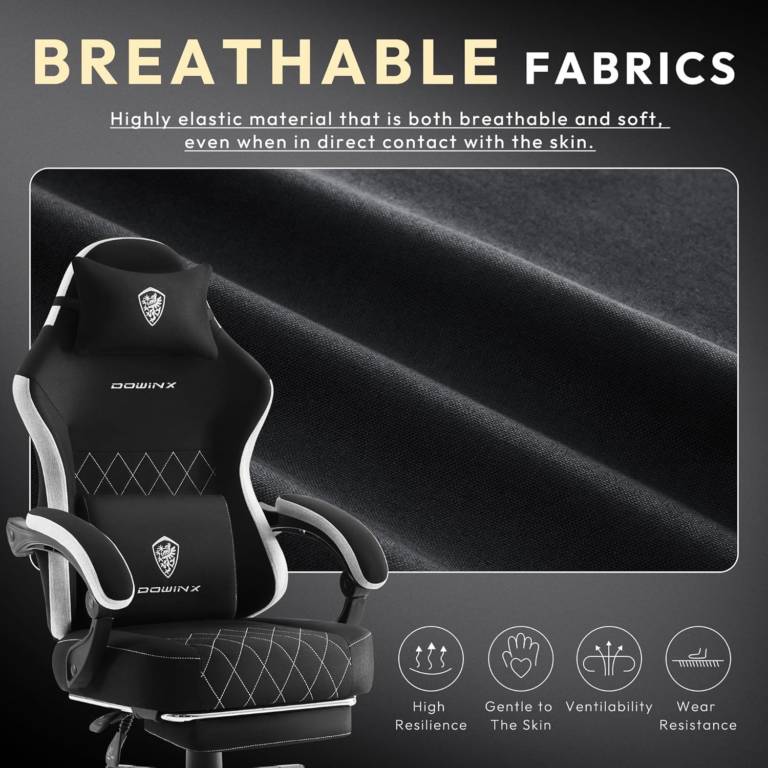 Dowinx Fabric Gaming Chair, Computer Office Chair with Pocket Spring Cushions and Lumbar Support, Ergonomic Massage Gaming Chairs with Footrest for Big and Tall, Black