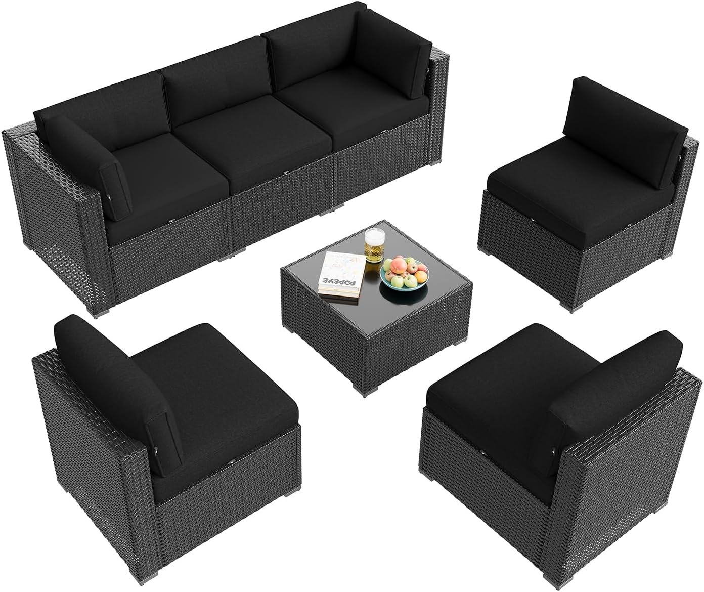 Aoxun Patio Furniture Set, 7 Piece Outdoor Sectional Sofas with Waterproof Cover, Wicker Rattan Outdoor Furniture Patio Conversation Set for Backyard, Garden Black