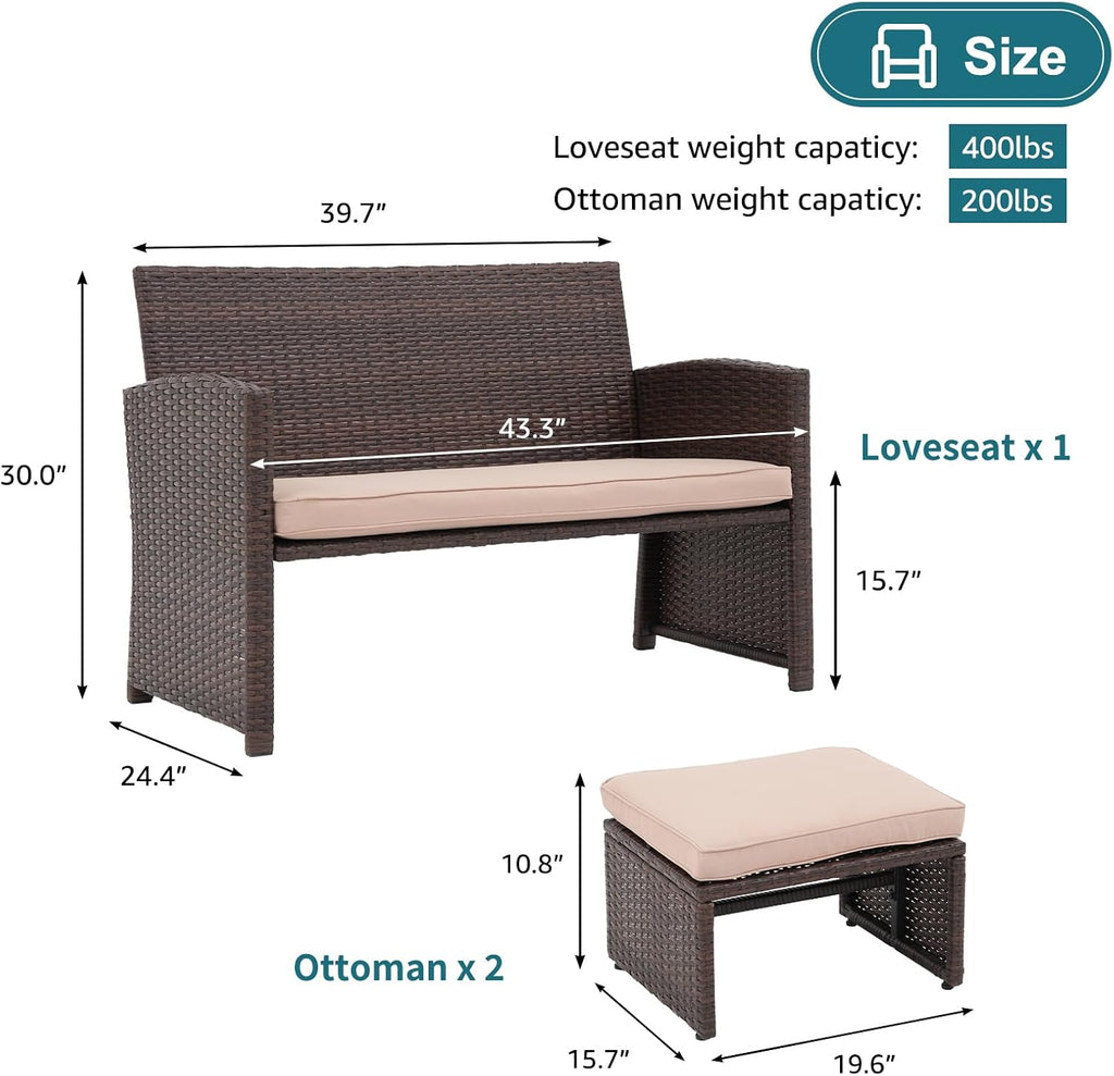 OC Orange-Casual Outdoor Loveseat 3 Piece Patio Furniture Set Outdoor Conversation Set All-Weather Wicker Love Seat with Ottoman/Side Table, Brown Rattan, Beige