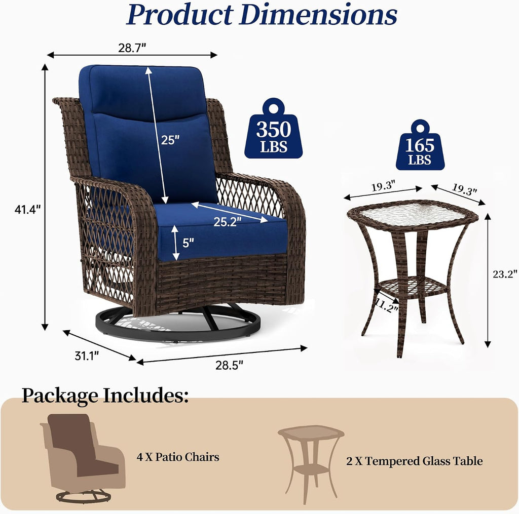 PIZZELLO Outdoor Swivel Chairs 6 Piece Wicker Rocking Chairs Set Patio Furniture Set with Rattan Side Table Rocker Bistro Sets for Outside Porch Backyard (5' Thick Cushions and 25' Full Support Back)