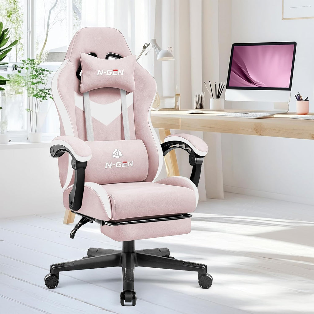N-GEN GAMING Video Gaming Chair Office Computer Desk Use Ergonomic Reclining Backrest Adjustable Armrests Lumbar Support Footrest High Density Foam Breathable Fabric Heavy Duty Base (Pink)