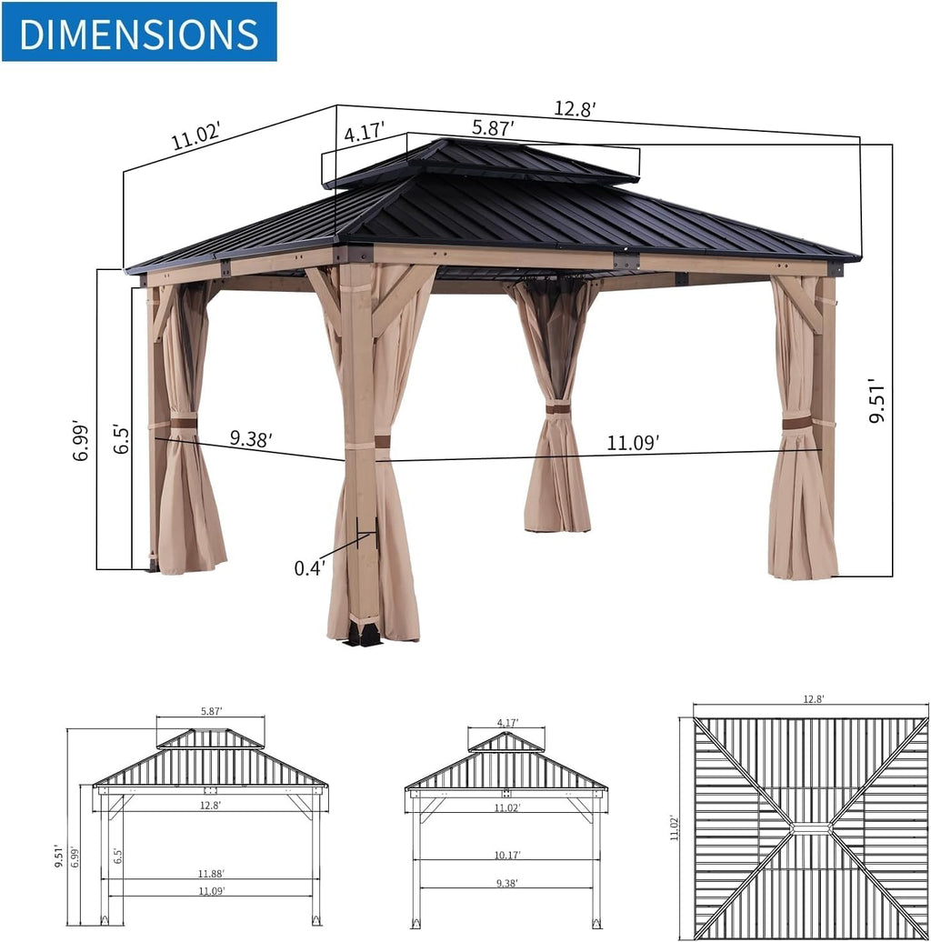 FAB BASED 10x12FT Hardtop Wood Gazebo, Natural Solid Cedar Frame Gazebo with 2-Tier Vented Roof, Outdoor Metal Canopy Pavilion with Netting & Curtains for Deck, Garden, Backyard, Lawn