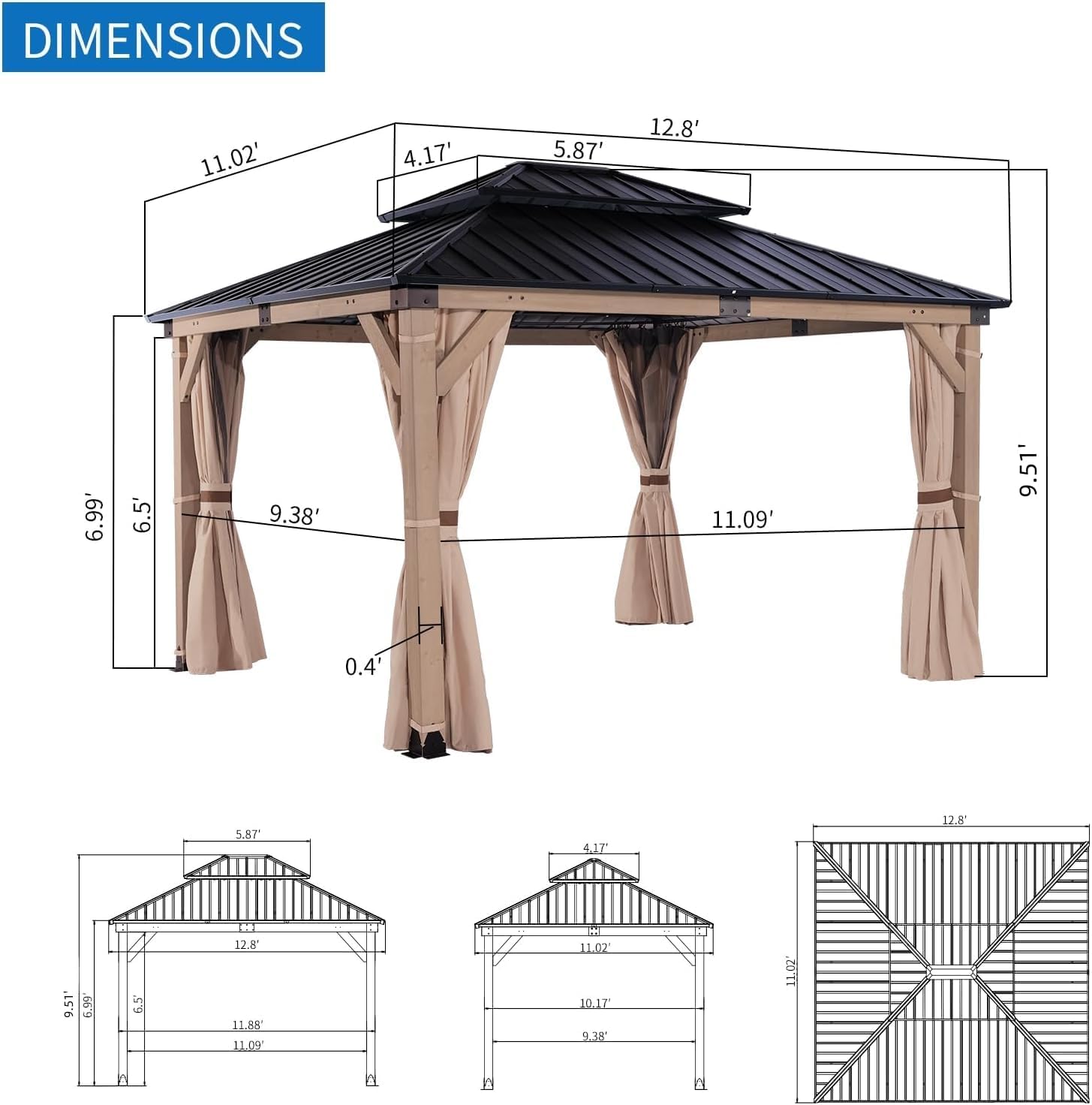 FAB BASED 10x12FT Hardtop Wood Gazebo, Natural Solid Cedar Frame Gazebo with 2-Tier Vented Roof, Outdoor Metal Canopy Pavilion with Netting & Curtains for Deck, Garden, Backyard, Lawn
