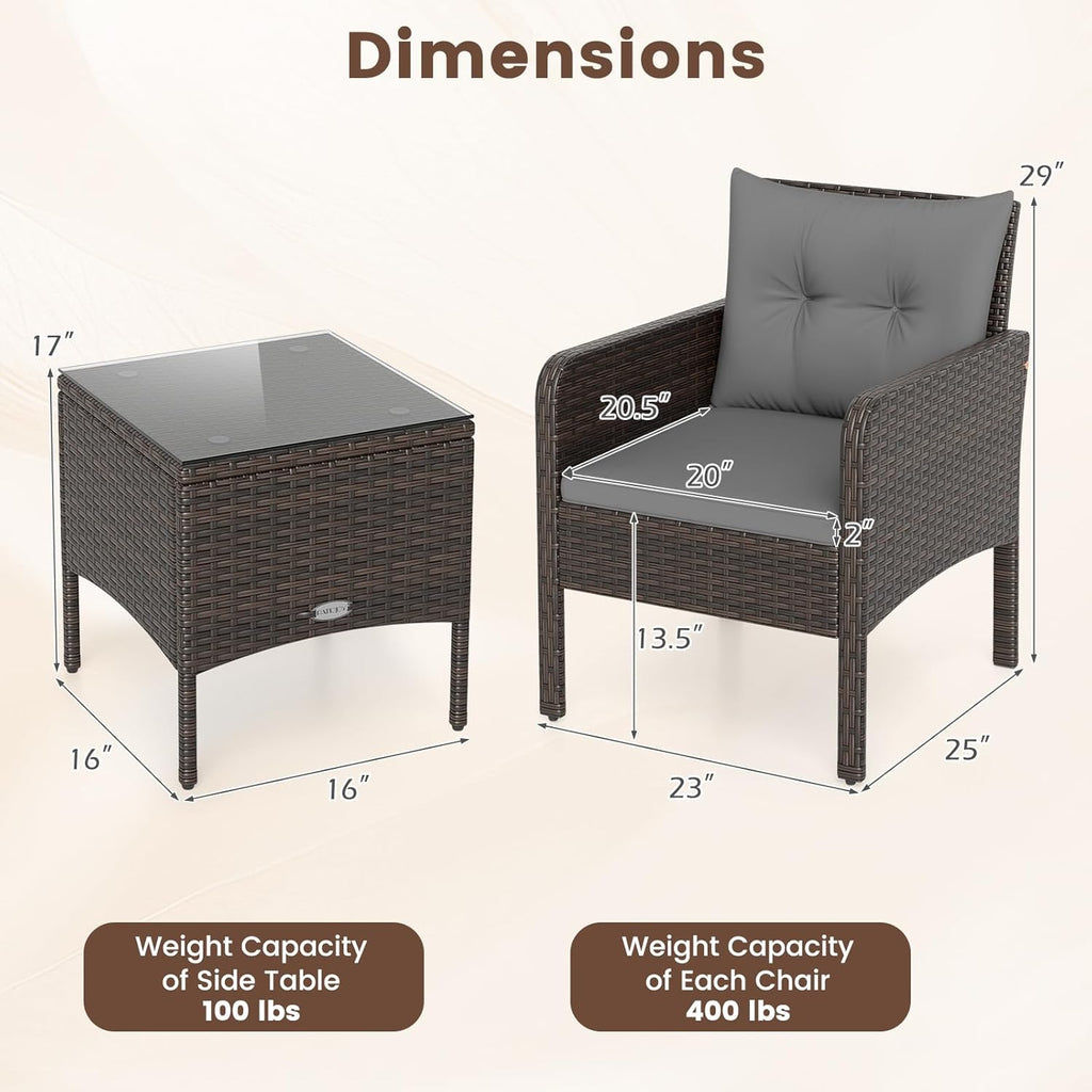 HAPPYGRILL 3 Piece Patio Bistro Set Rattan Wicker Outdoor Conversation Set with Cushions and Coffee Table, Outside Furniture with Rattan Chairs for Porch, Balcony, Deck and Garden (Gray)