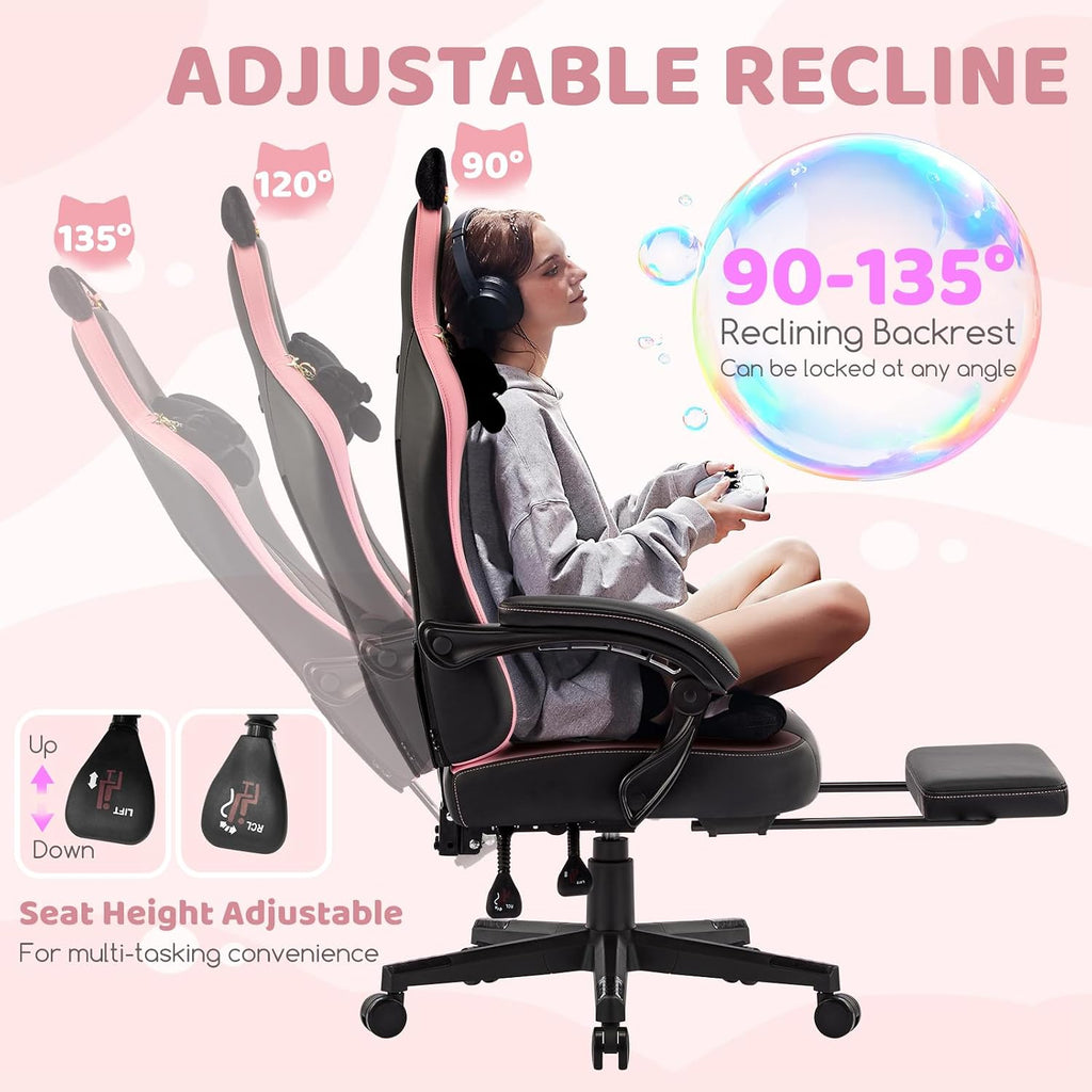 Gaming Chair with Footrest, Comfy Girly Video Game Chairs with Cat Ears Pocket Spring Cushion Massage Lumbar Support & Headrest, Ringing Accessories Cute Leather Ergonomic Computer Chair, Black/Pink