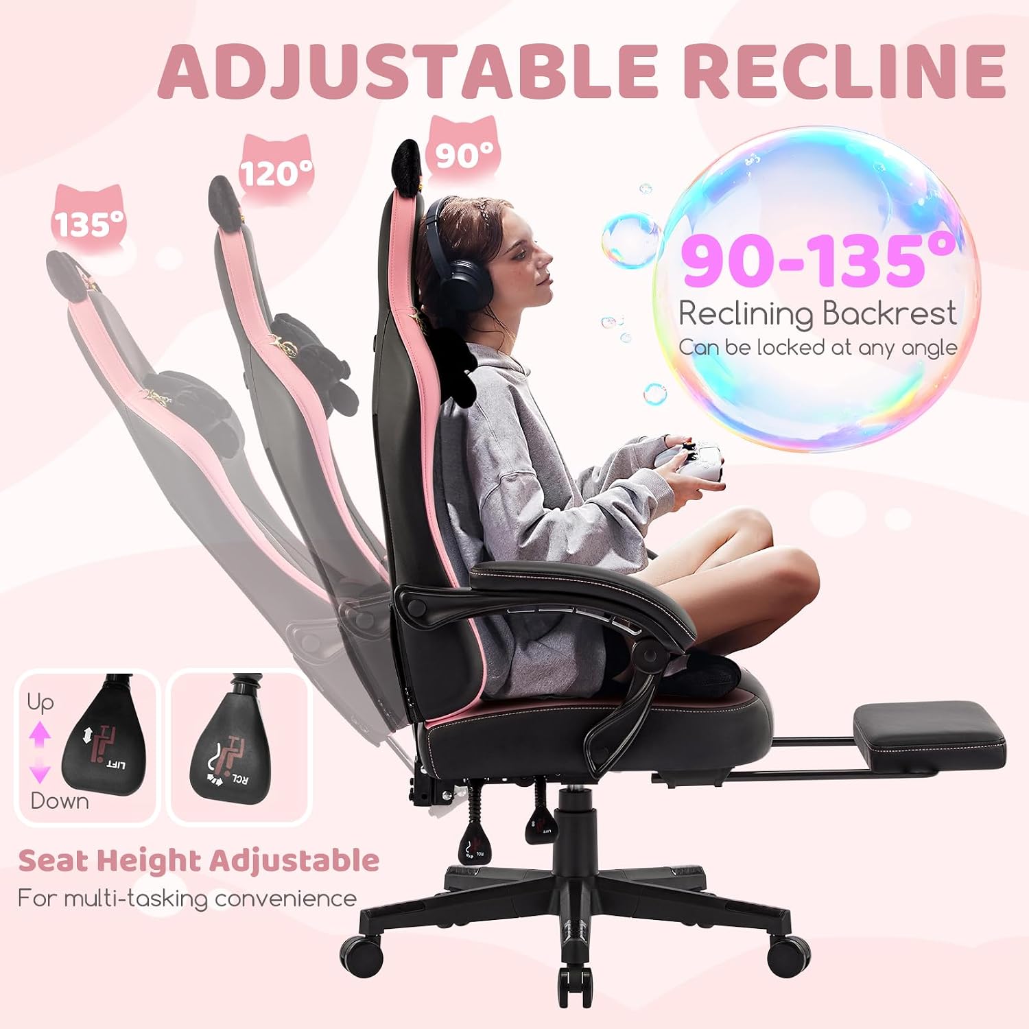 Gaming Chair with Footrest, Comfy Girly Video Game Chairs with Cat Ears Pocket Spring Cushion Massage Lumbar Support & Headrest, Ringing Accessories Cute Leather Ergonomic Computer Chair, Black/Pink