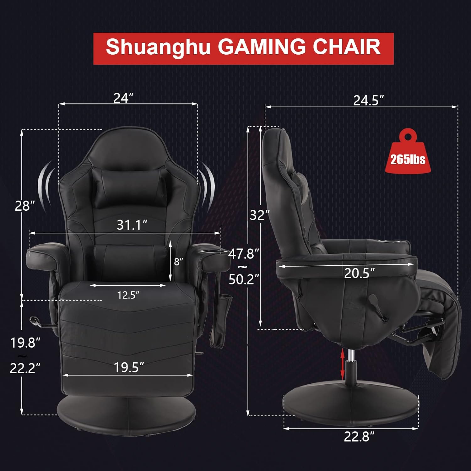 Gaming Chairs for Adults, Reclining Gaming Chair with Footrest, Massage Video Gaming Recliner Chair w/Adjustable Height, Swivel Game Chair with Lumbar Support, Side Pouch