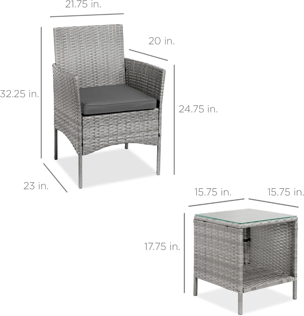 Best Choice Products 3-Piece Outdoor Wicker Conversation Bistro Set, Space Saving Patio Furniture for Garden w/Side Table - Gray/Gray