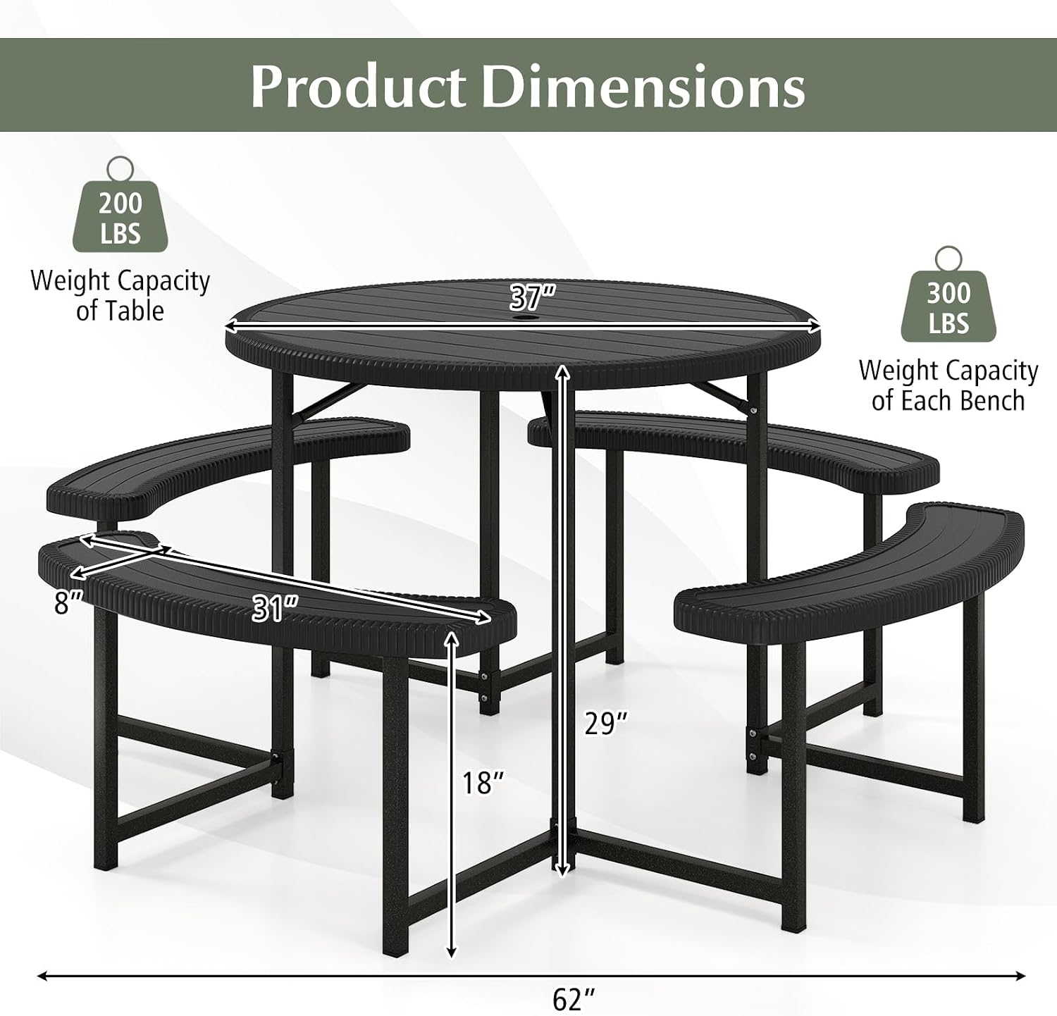 Giantex Picnic Table Bench Set for 4-8 Person, Round 37' Outdoor Dining Table w/Umbrella Hole, HDPE Tabletop, Metal Frame, Patio Furniture Set for Backyard Porch Lawn, 1400lb Capacity (Black,Round)