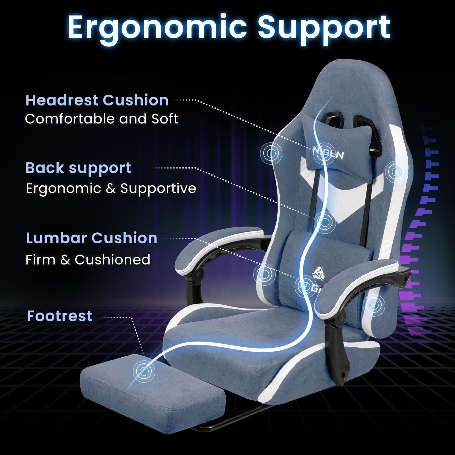 N-GEN GAMING Video Gaming Chair Office Computer Desk Use Ergonomic Reclining Backrest Adjustable Armrests Lumbar Support Footrest High Density Foam Breathable Fabric Heavy Duty Base (Blue)