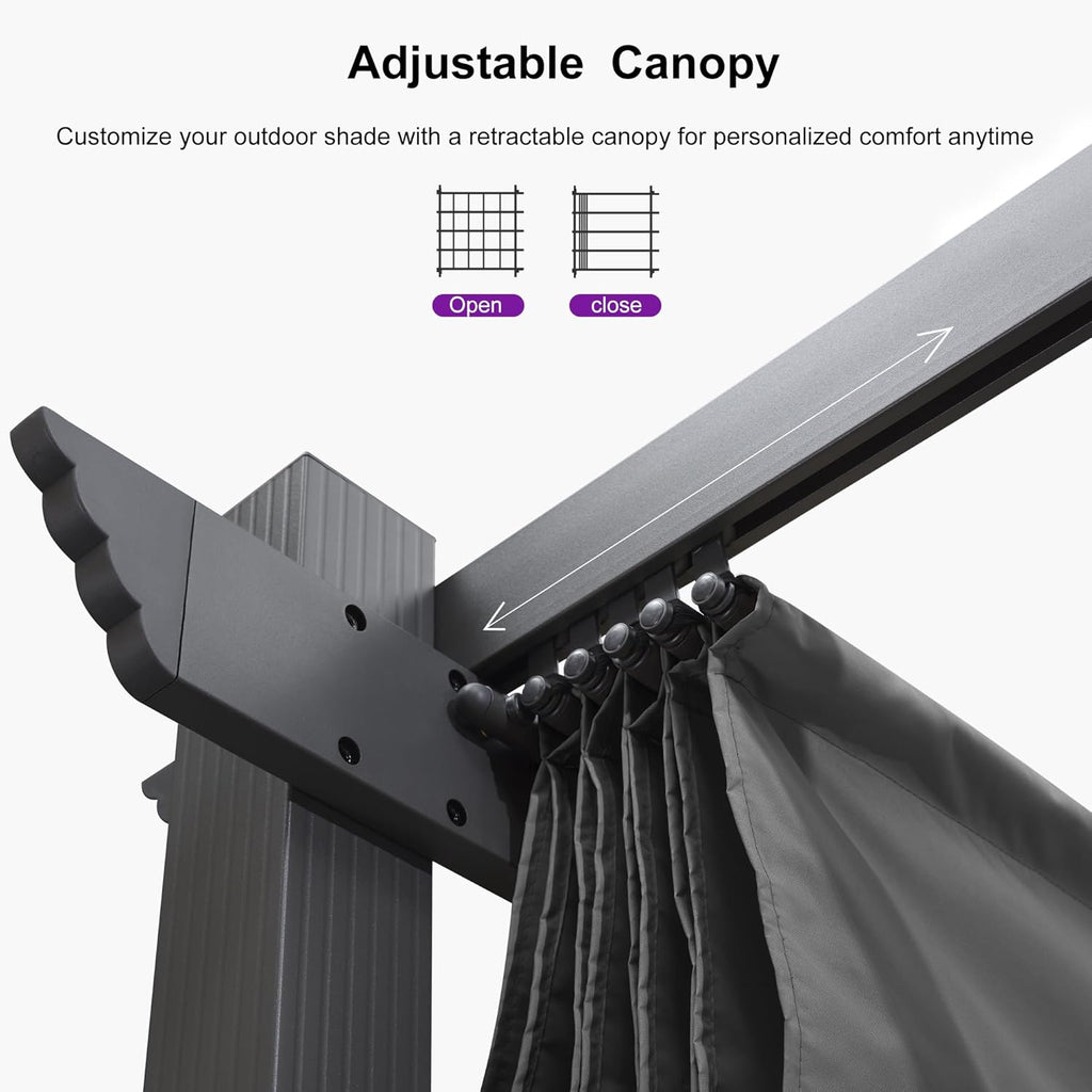 PURPLE LEAF 10' X 10' Outdoor Retractable Pergola with Sun Shade Canopy Patio Metal Shelter for Garden Porch Beach Pavilion Grill Gazebo Modern Yard Grape Trellis Pergola, Gray