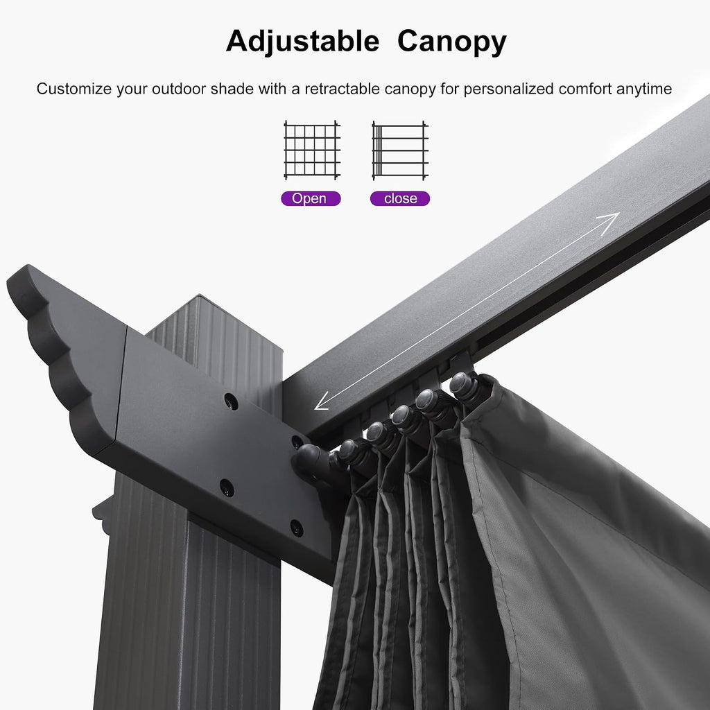 PURPLE LEAF 10' X 10' Outdoor Pergola with 4-Sided Curtains Retractable Canopy Patio Aluminum Sun Shade for Garden Deck Porch Gazebo Pavilion Grill Modern Yard Grape Trellis Pergola Gray