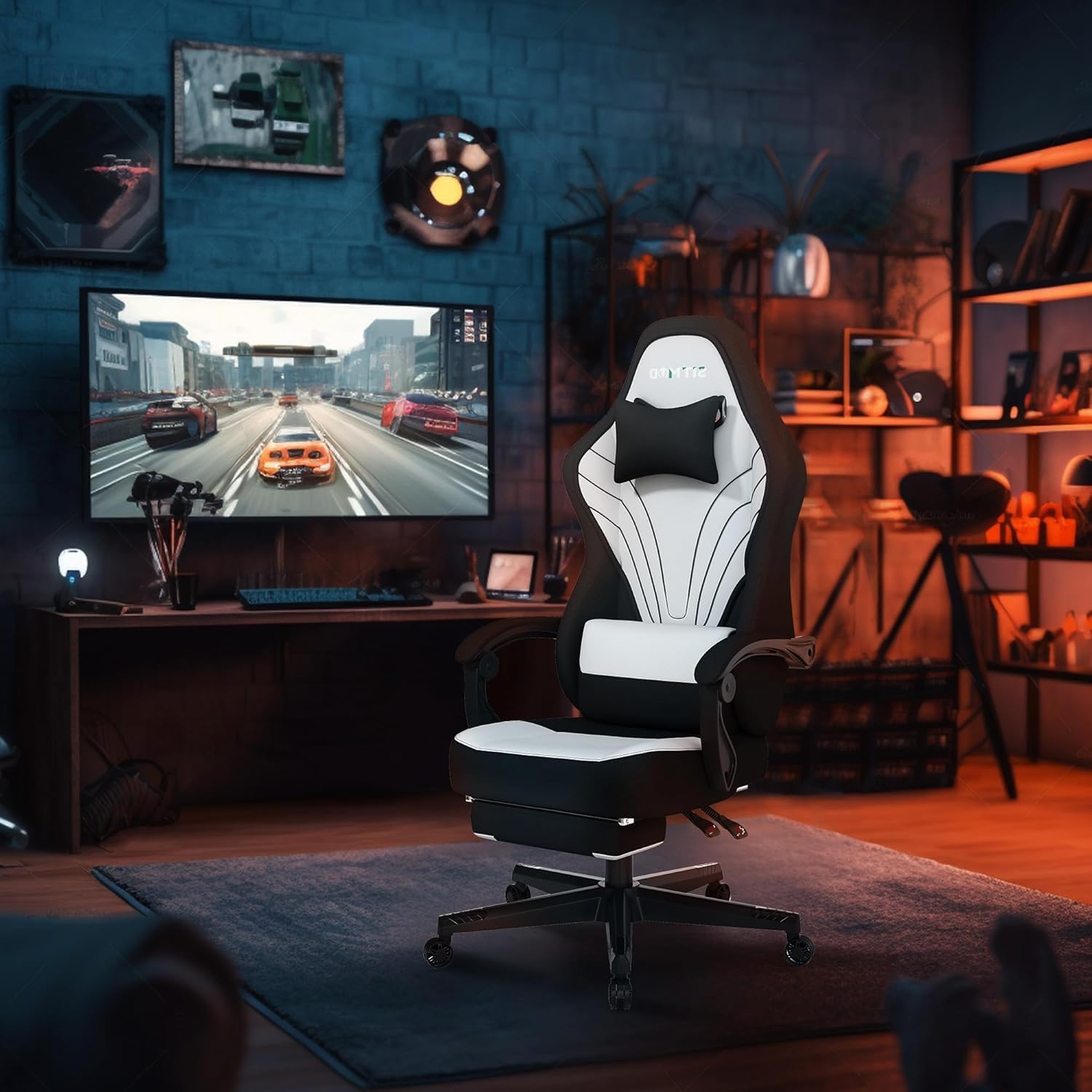 Gaming Chair Fabric, Ergonomic Computer Chair with Footrest, Video Gamer Chair with Pocket Spring Cushion,Linkage Armrests and Headrest Lumbar Support,Swivel Height Adjustable Office Chair for Adults