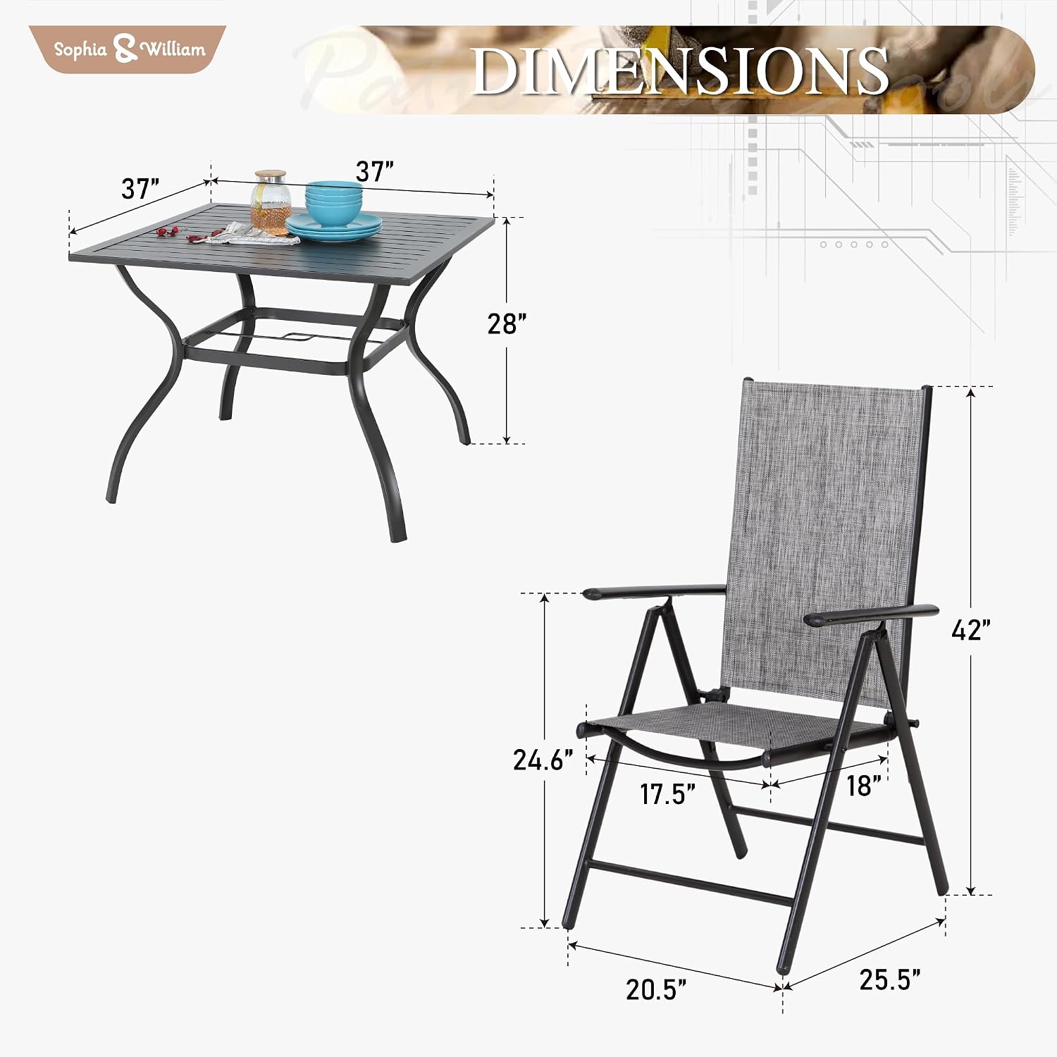 Sophia & William 5 Piece Outdoor Patio Dining Set, Outdoor Dining Table Set with 4 Foldable Textilene High Back Sling Chairs and Square Metal Table with 1.57' Umbrella Hole, Grey