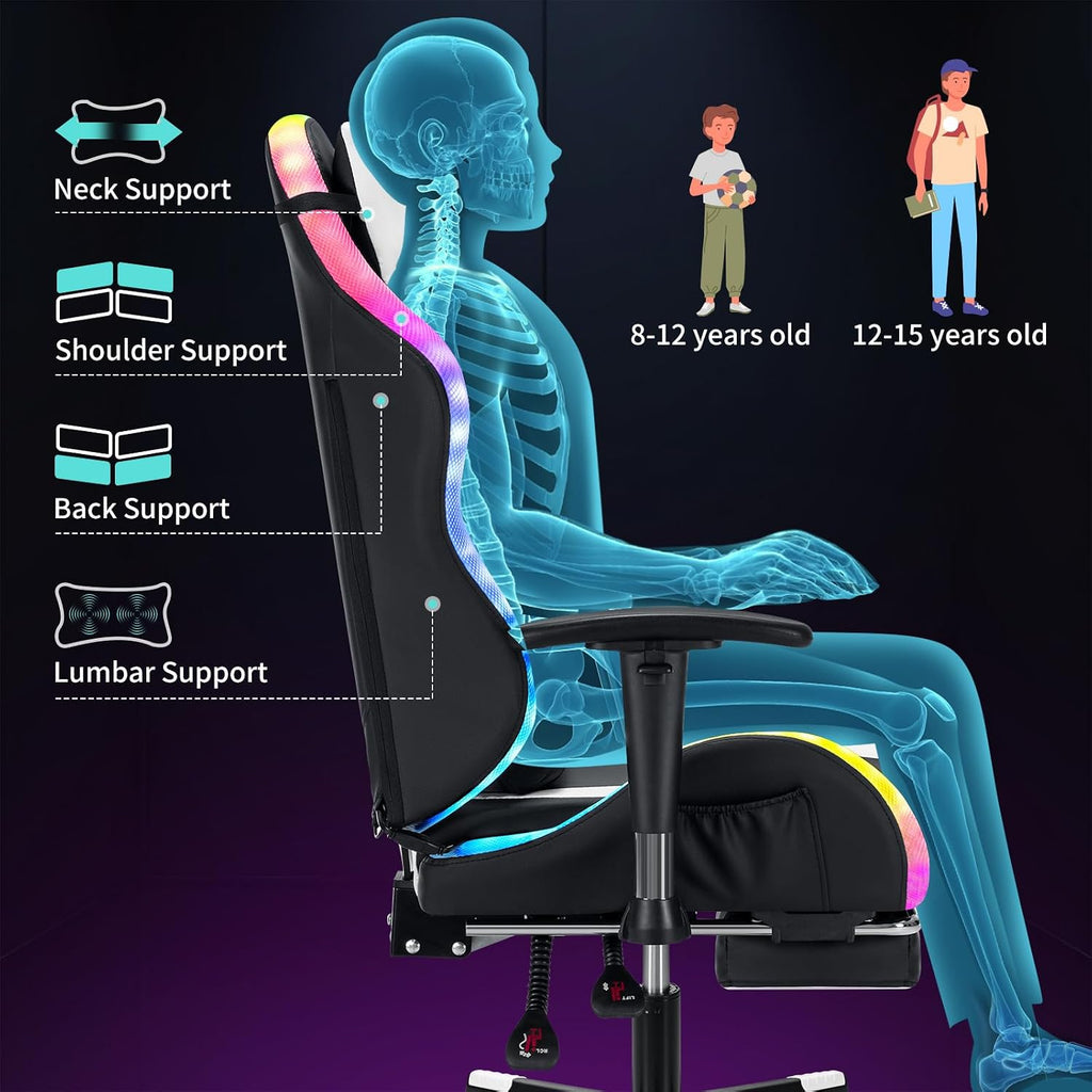 HOFFREE RGB LED Gaming Chair for Kids Reclining Gaming Chairs for Teens 8-15 Computer Chair with RGB Lights Kids PC Game Chair with Footrest and Lumbar Support Video Game Chairs White and Black