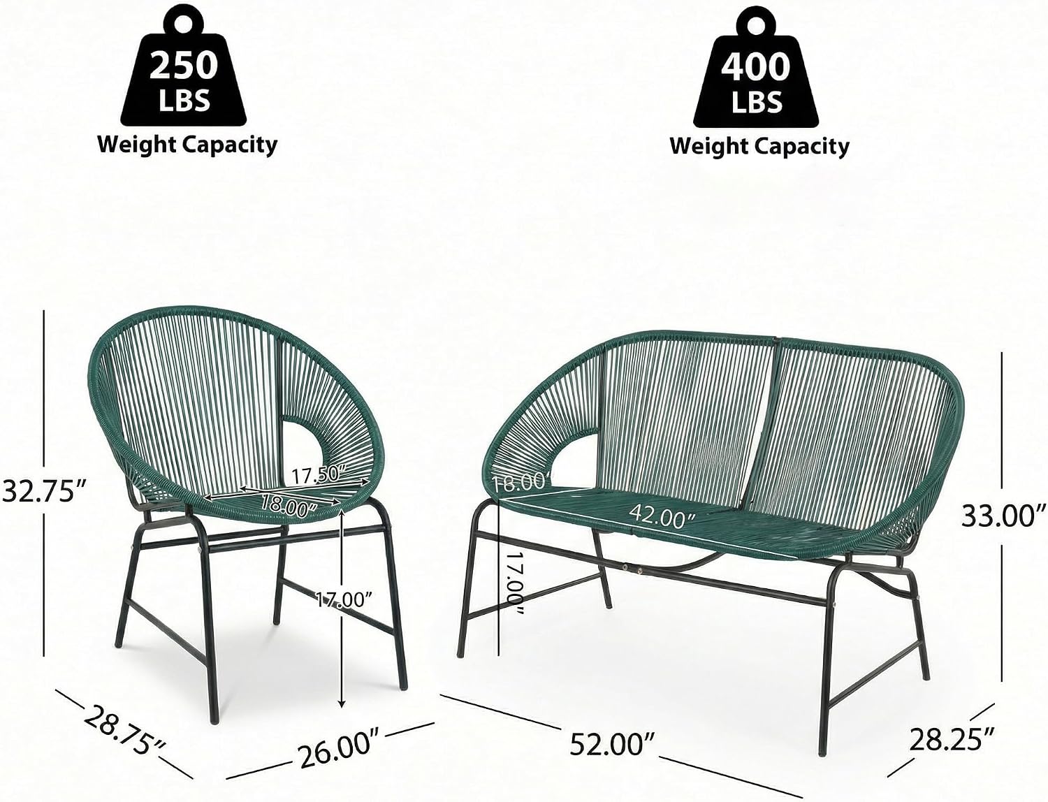 Christopher Knight Home Dessa 3 Piece Patio Furniture Set, Wicker Patio Loveseat Sofa and Accent Chair Set of 2, Metal Double Papasan Chair, Teal