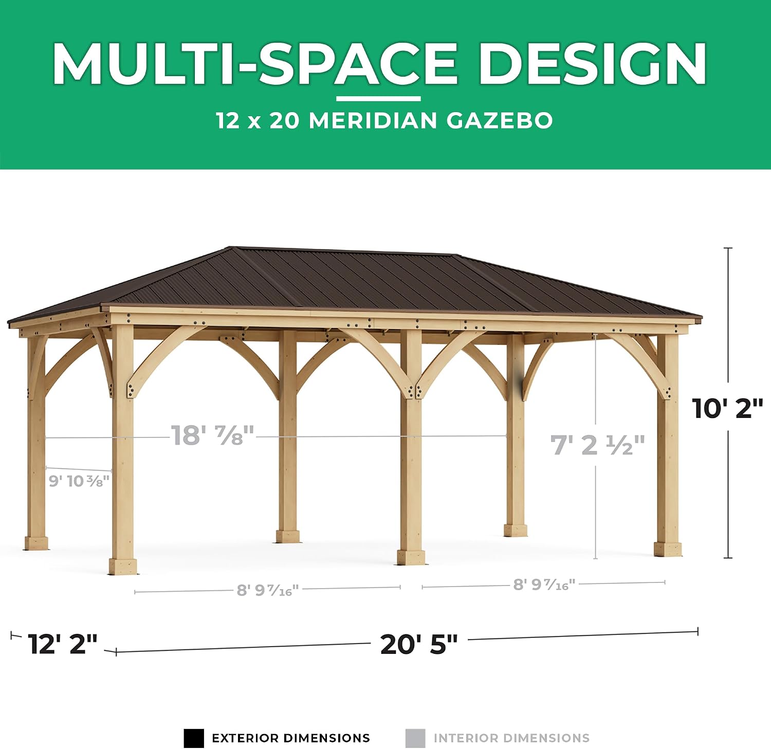 Yardistry 12 x 20 Meridian Cedar Gazebo Pavilion for Patios, Decks, Garden, Backyard, Durable, Aluminum Roof