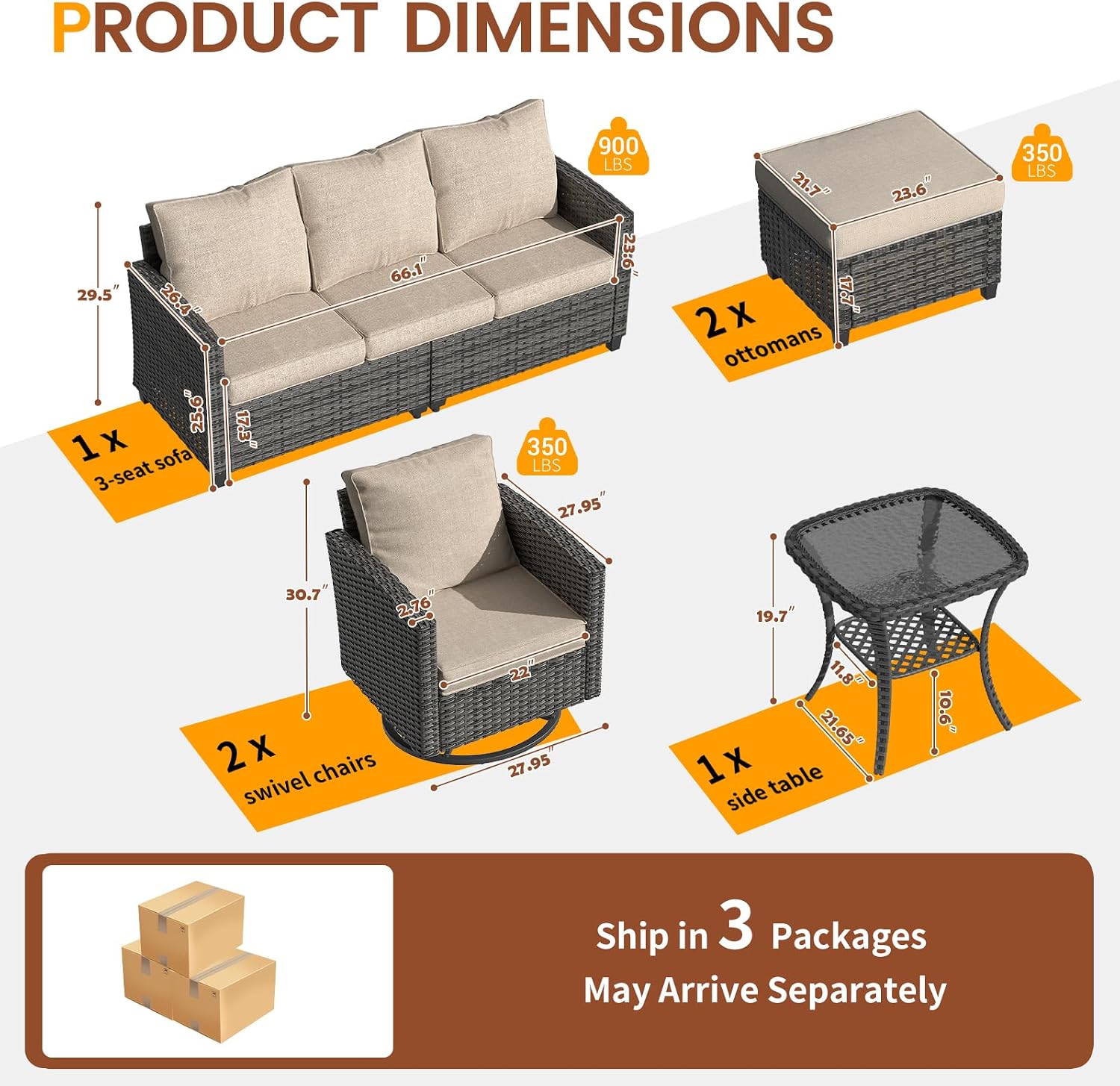 UDPATIO Patio Furniture Set, 6 Pieces Outdoor Sectional Couch, Gray Wicker Rattan Conversation Sofa with Swivel Rocking Chair, 4' Thick Cushion for Garden Backyard Deck, Khaki