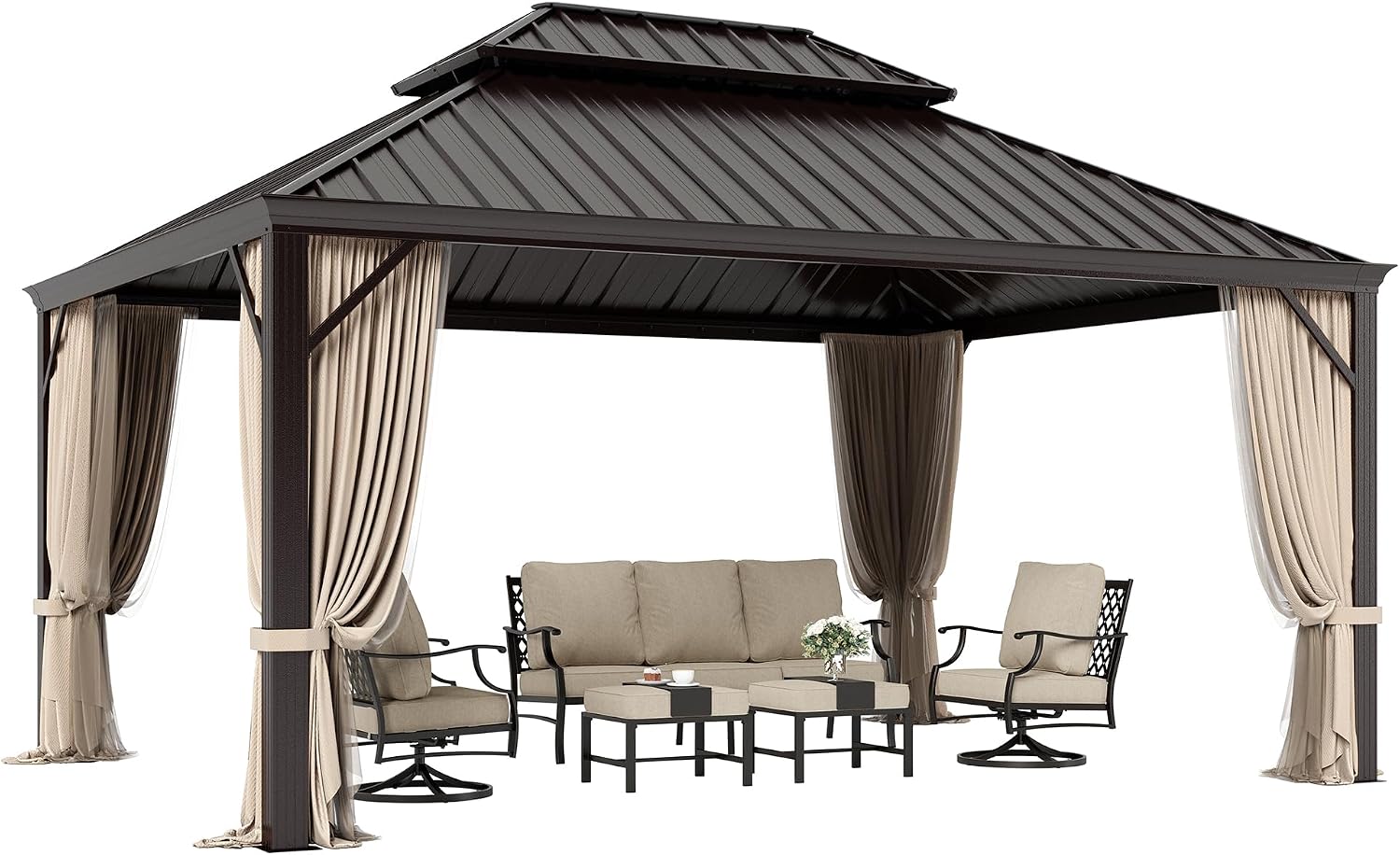 SUNSHINE VALLEY 12'x16' Hardtop Gazebo, Permanent Aluminum Outdoor Gazebo with Galvanized Steel Double Roof & Gutter System, Heavy Duty Patio Pavilion Canopy with Netting and Curtains for Deck, Garden
