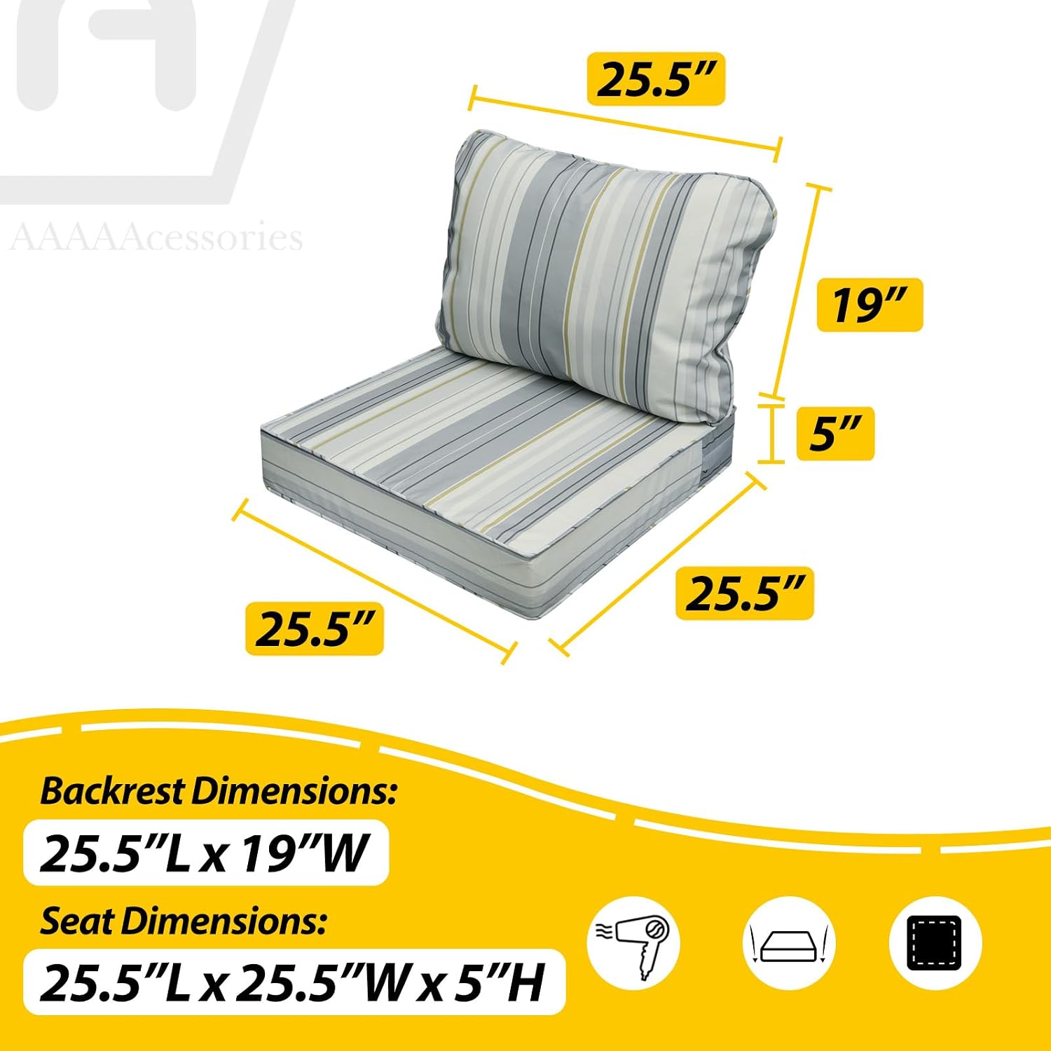 AAAAAcessories Outdoor Seat Cushions for Chairs, Fade-Resistant, Waterproof Patio Furniture Replacement Cushions, 25.5' x 25.5' x 5' + 25.5' x 19', Set of 4, Ash Blue Harbor Stripe