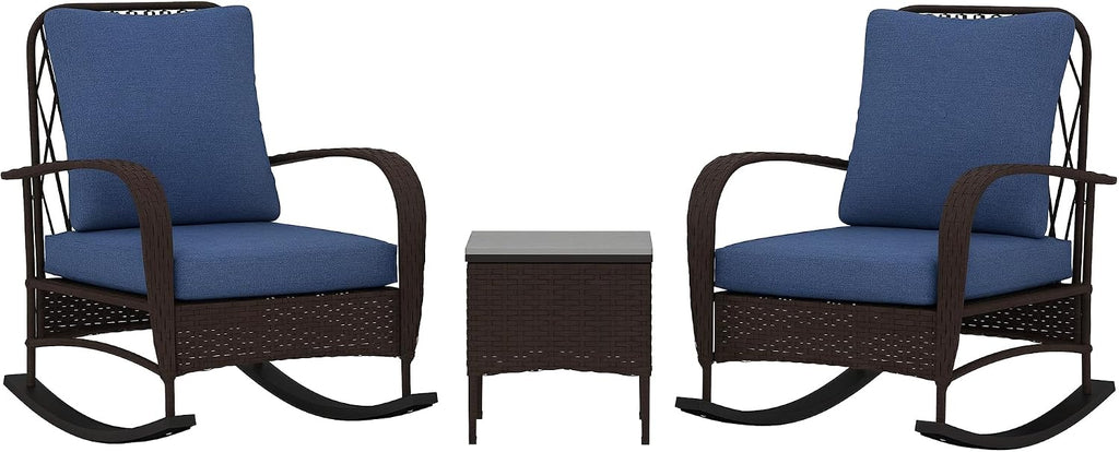 Outsunny 3 Piece Wicker Patio Furniture Set, PE Rattan Rocking Chairs with Coffee Table, Cushions, Outdoor Bistro Set for Porch, Garden, Poolside, Brown