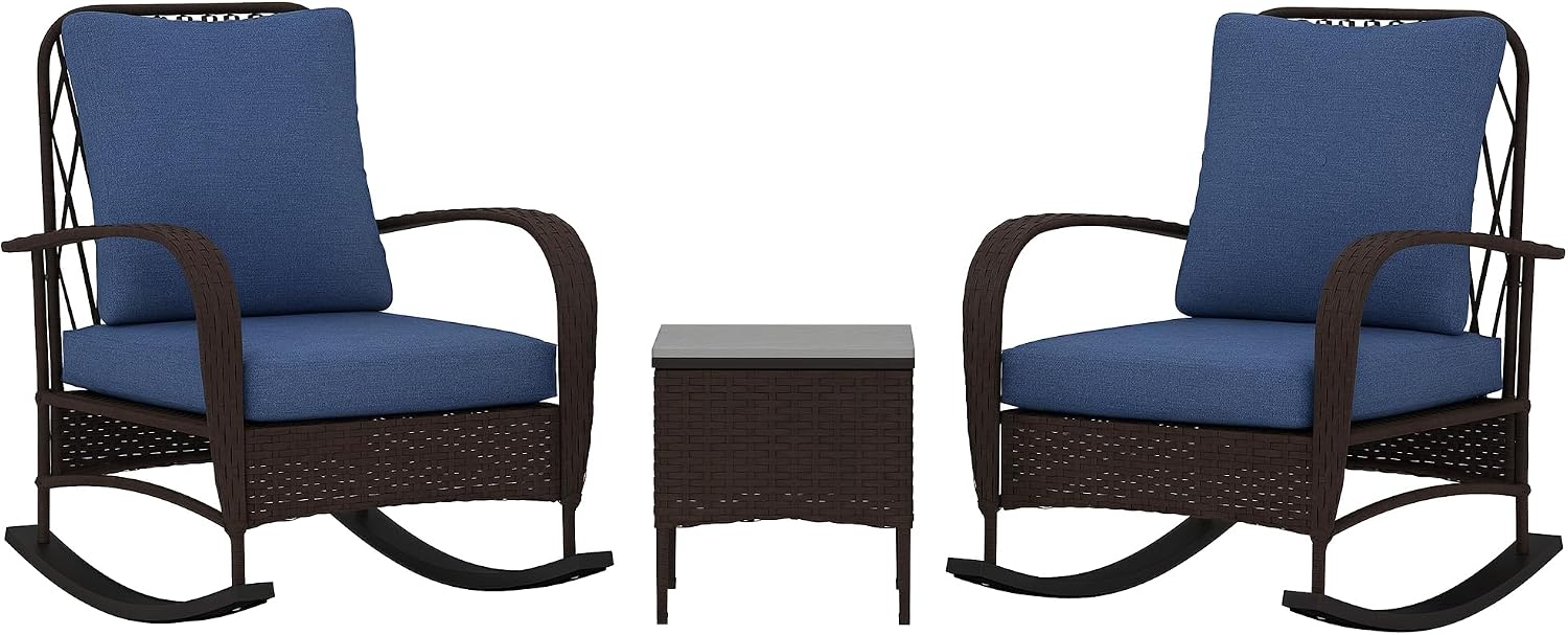 Outsunny 3 Piece Wicker Patio Furniture Set, PE Rattan Rocking Chairs with Coffee Table, Cushions, Outdoor Bistro Set for Porch, Garden, Poolside, Brown