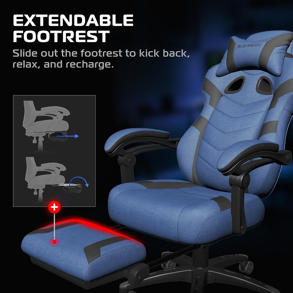 Respawn 110 Pro Ergonomic Gaming Chair with Footrest for Adults - Comfortable Office Gaming Recliner with Lumbar Support and Headrest, Racing Style Video Game Chairs for Computer Gamer - Blue Fabric