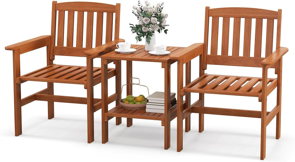 Tangkula 3 Piece Patio Conversation Set, Outdoor Wood Conversation Seat with Table and Umbrella Hole, Outdoor Furniture Set of 3 for Garden Poolside Backyard Balcony Porch