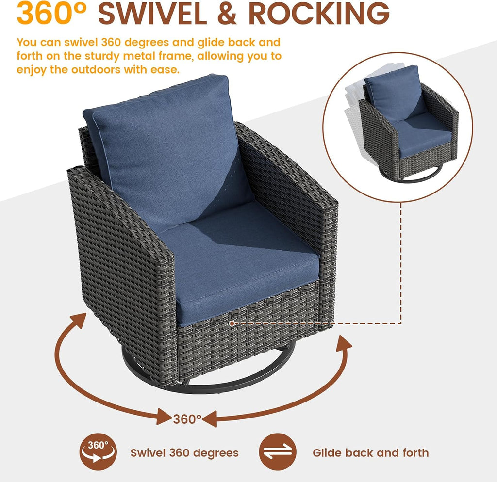 UDPATIO Patio Furniture Set, 6 Pieces Outdoor Sectional Couch with Swivel Rocking Chair, Gray Wicker Rattan Sofa with Side Table, 4' Thick Cushion for Garden Backyard Deck,Blue