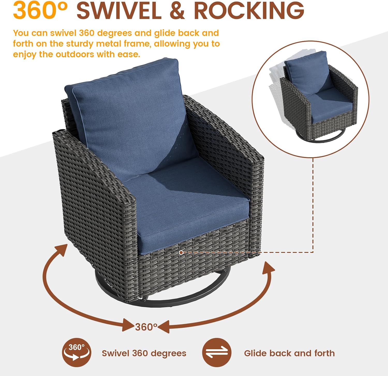 UDPATIO Patio Furniture Set, 6 Pieces Outdoor Sectional Couch with Swivel Rocking Chair, Gray Wicker Rattan Sofa with Side Table, 4' Thick Cushion for Garden Backyard Deck,Blue
