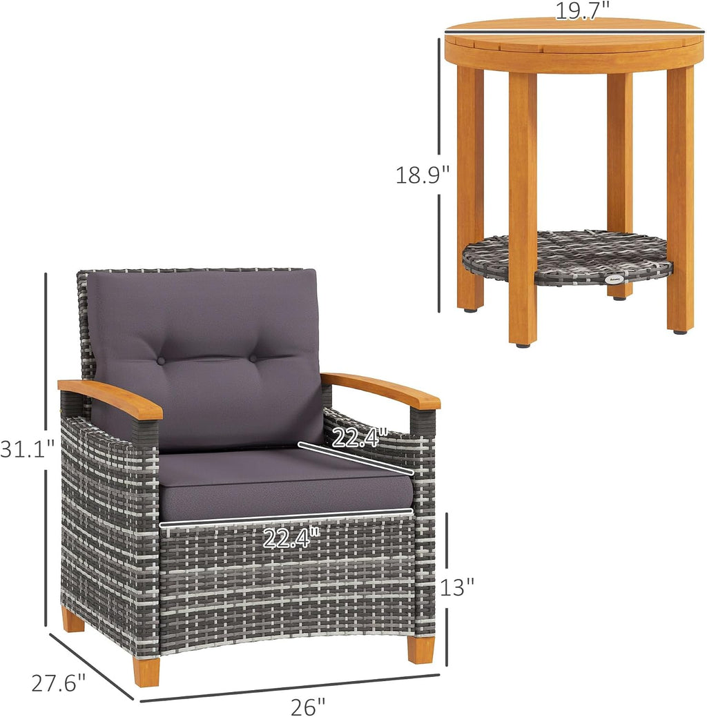 Outsunny 3 Pieces Wicker Outdoor Bistro Set, Rattan Patio Furniture Set with Acacia Wood Coffee Table and Porch Chairs for Backyard, Balcony, Garden, Gray