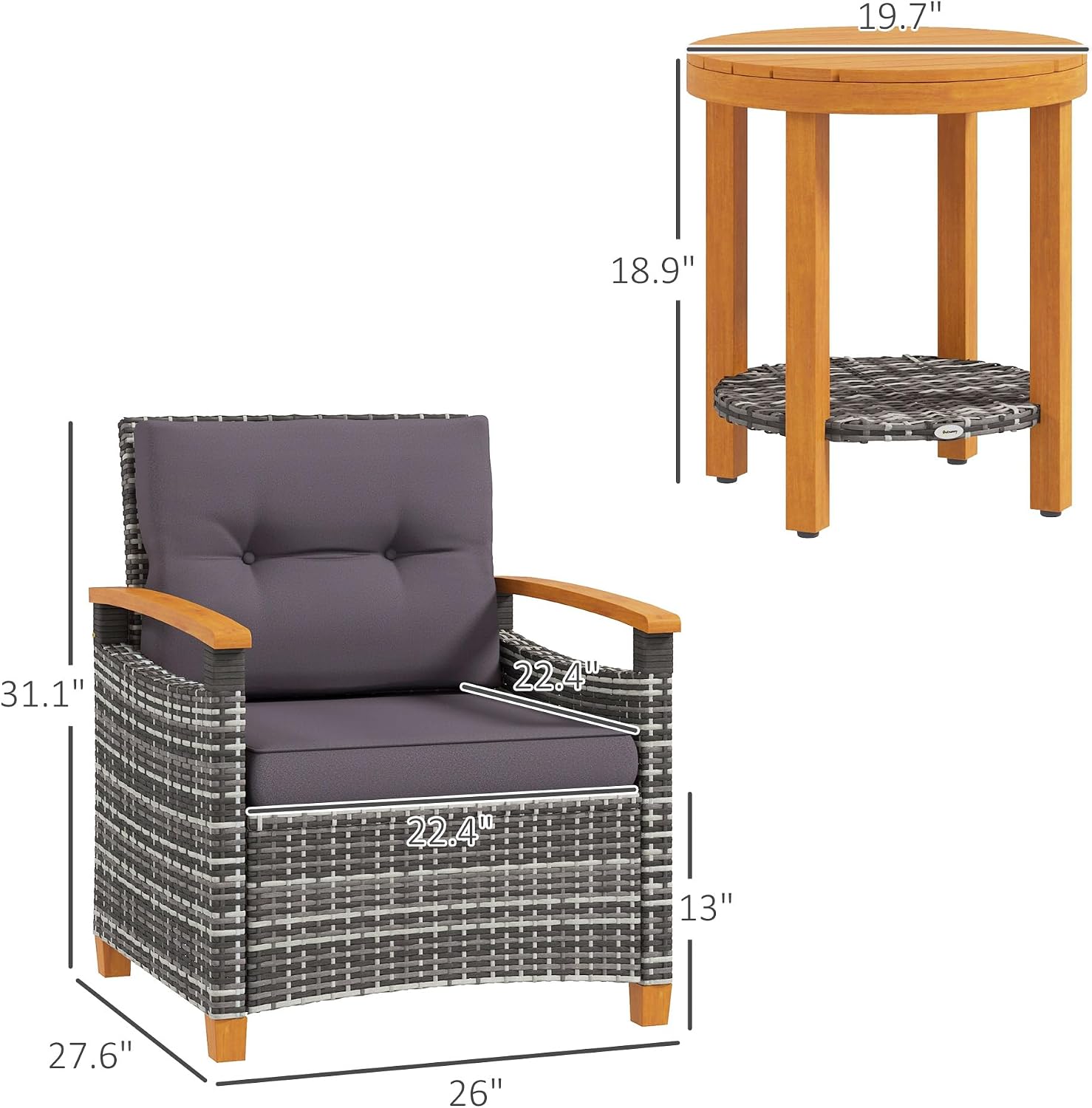 Outsunny 3 Pieces Wicker Outdoor Bistro Set, Rattan Patio Furniture Set with Acacia Wood Coffee Table and Porch Chairs for Backyard, Balcony, Garden, Gray