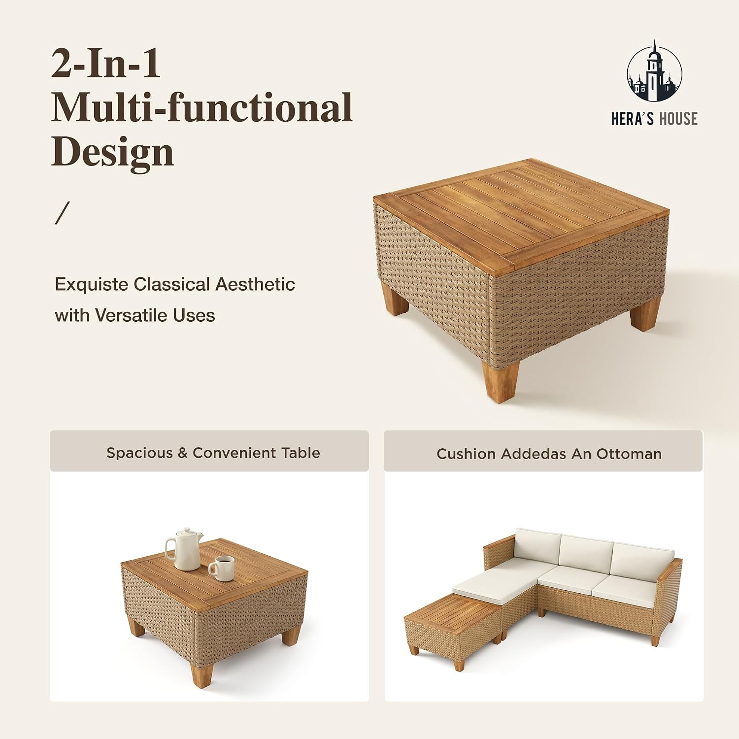HERA'S HOUSE Small Patio Furniture Set, 3 Pieces Wicker Outdoor Sectional Sets,Yellow Rattan Conversation Set with Sofa and Coffee Table for Garden and Backyard, l Shape Boho Balcony Couch Sets