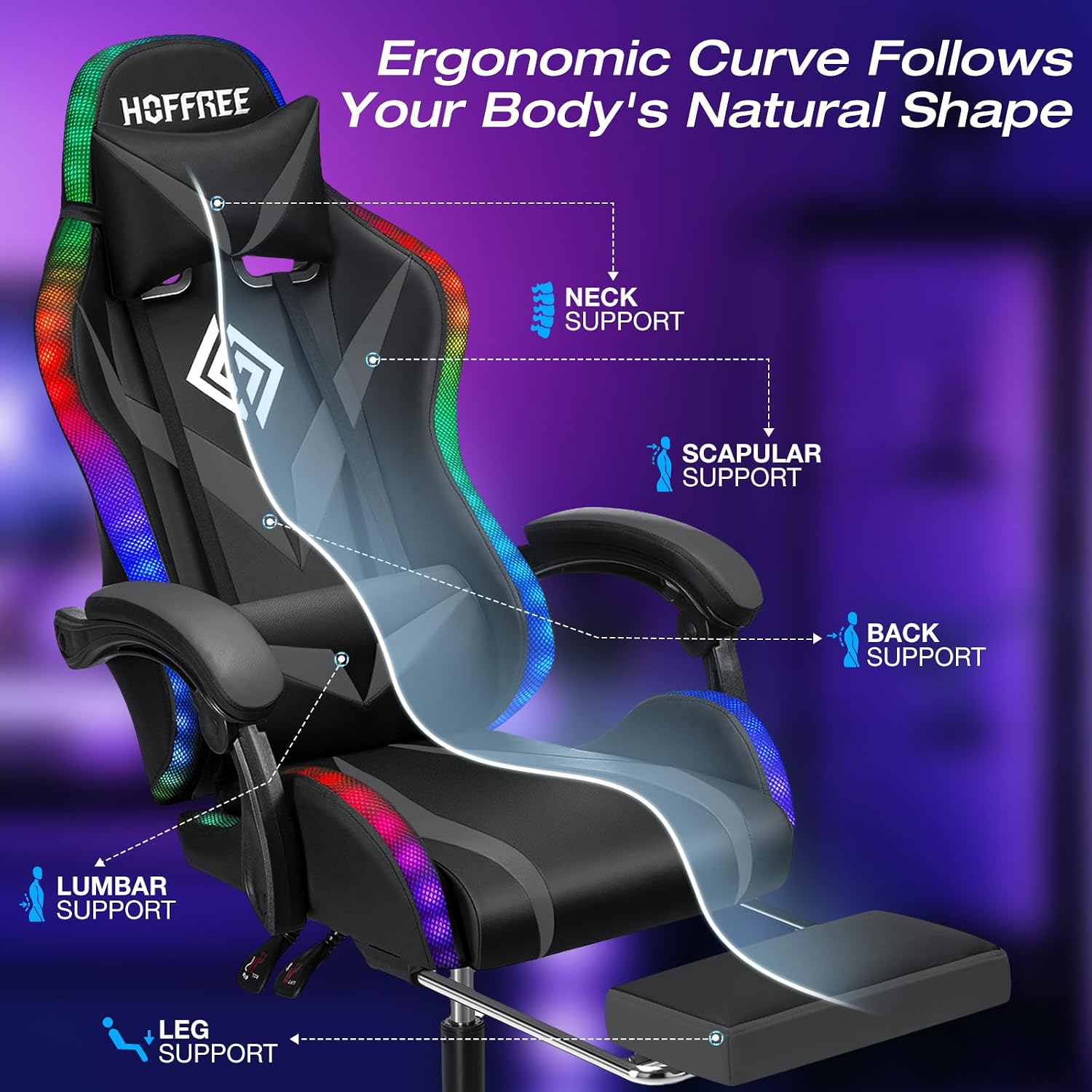 Gaming Chair Massage with LED RGB Lights and Footrest Ergonomic Computer Chair High Back Video Game Chair with Adjustable Lumbar Support Linkage Armrest Grey and Black