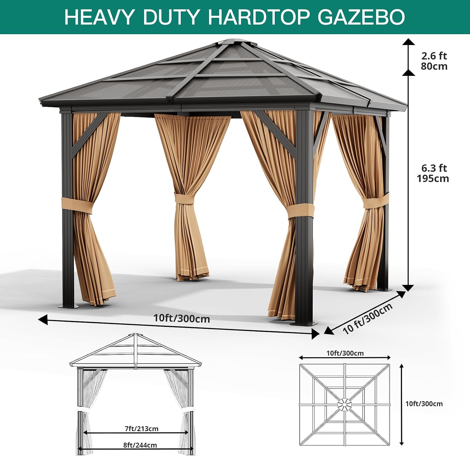 GAOMON 10x12ft Gazebo, Hardtop Outdoor Canopy Aluminum Frame Permanent Gazebo with Netting and Curtains, Polycarbonate Garden Tent for Patio, Lawn, Backyard, Deck (10'x12')