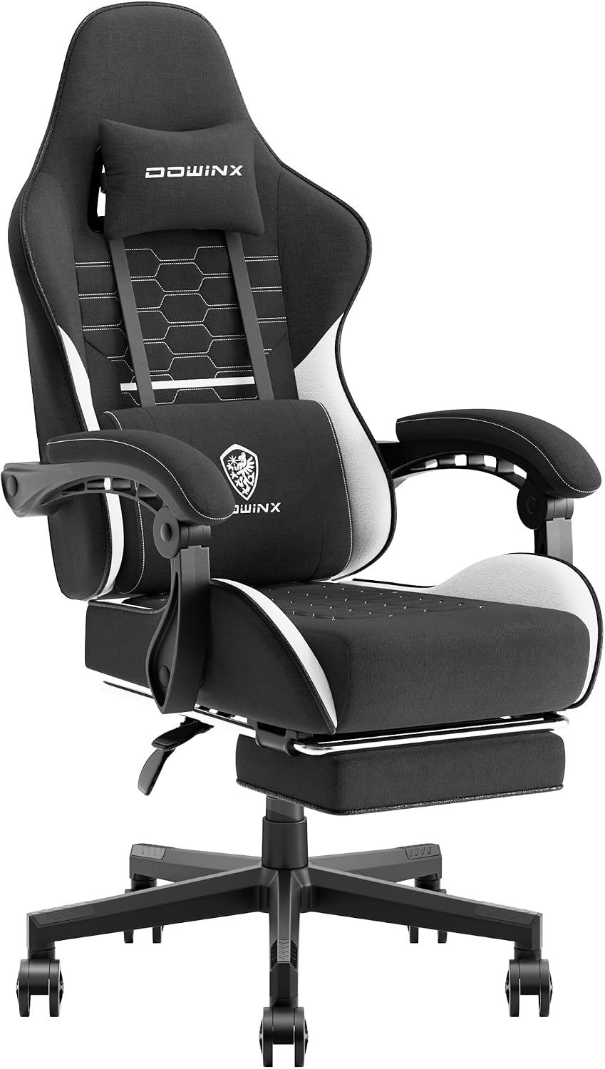 Dowinx Gaming Chair with Pocket Spring Cushion, Computer Office Game Chair, Linkage Armrests and Footrest, High Back Ergonomic Computer Chair with Lumbar Support Task Chair with Footrest(Black White)