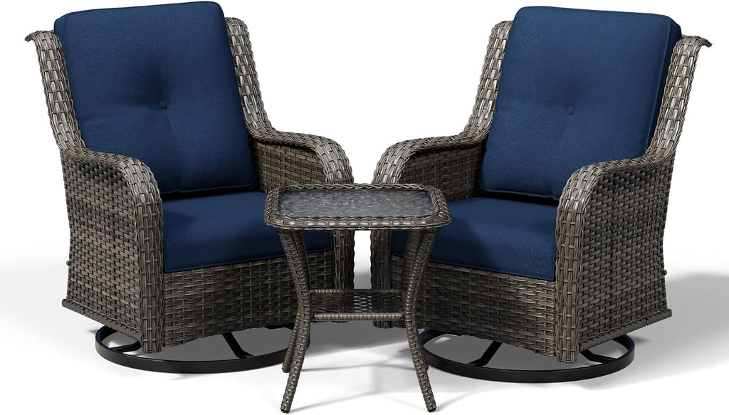Joyside 3 Piece Wicker Patio Furniture Set, Outdoor Swivel Rocker Patio Chairs with High Back, Deep Seating, Wide Armrest, Thickened Cushions, Outdoor Furniture for Deck, Porch Use