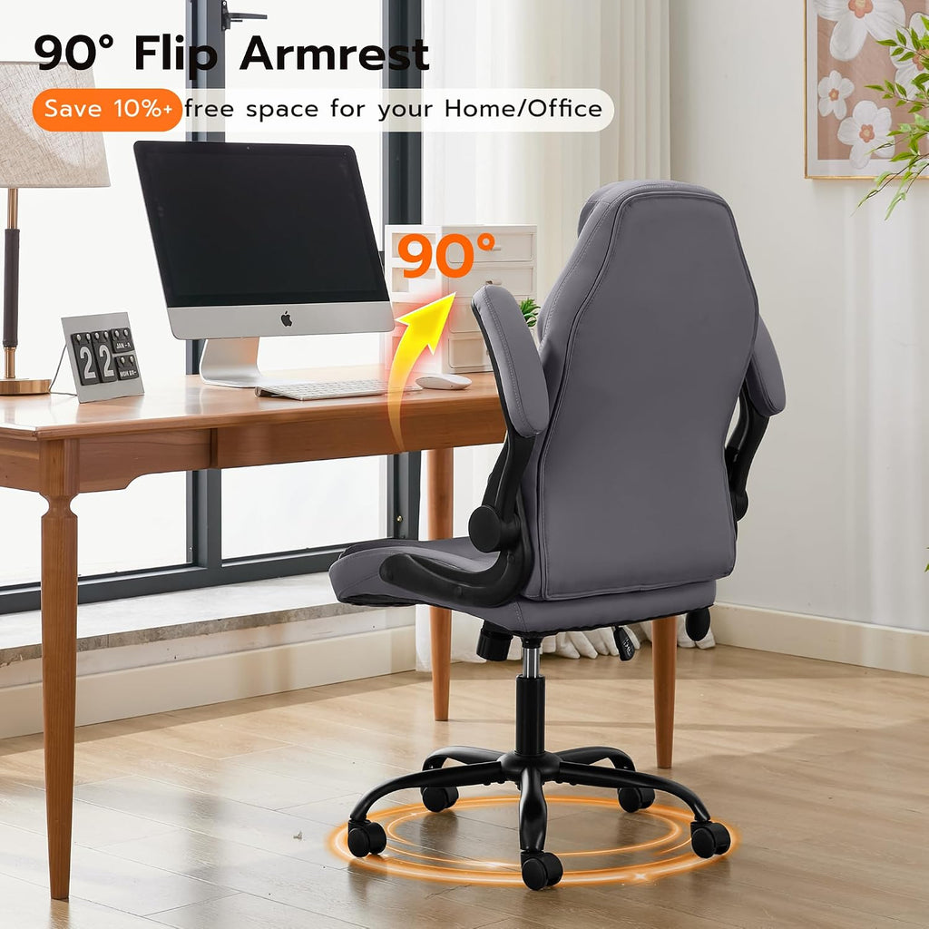 Ylzyxal Office Desk Chair, Ergonomic Computer Chair with Padded Flip-Up Arms and Adjustable Lumbar Support, PU Leather Executive Chair with Tilt Lock and 360° Swivel Rolling Wheels for Work, Study