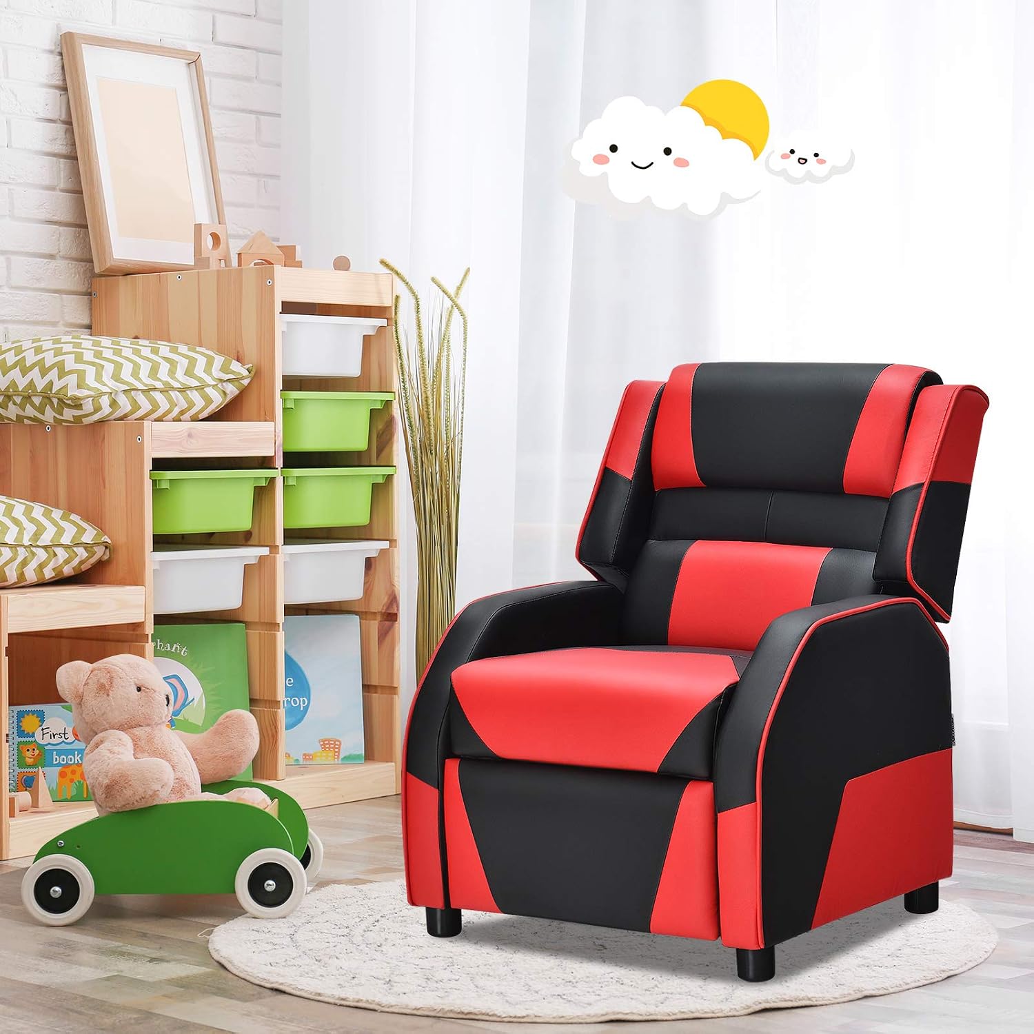 Giantex Kids Recliner, Gaming Recliner Chair with Footrest, Headrest & Lumbar Support, Ergonomic Leather Lounge Chair Toddler Furniture, Adjustable Racing Style Recliner Sofa for Boys Girls, Red