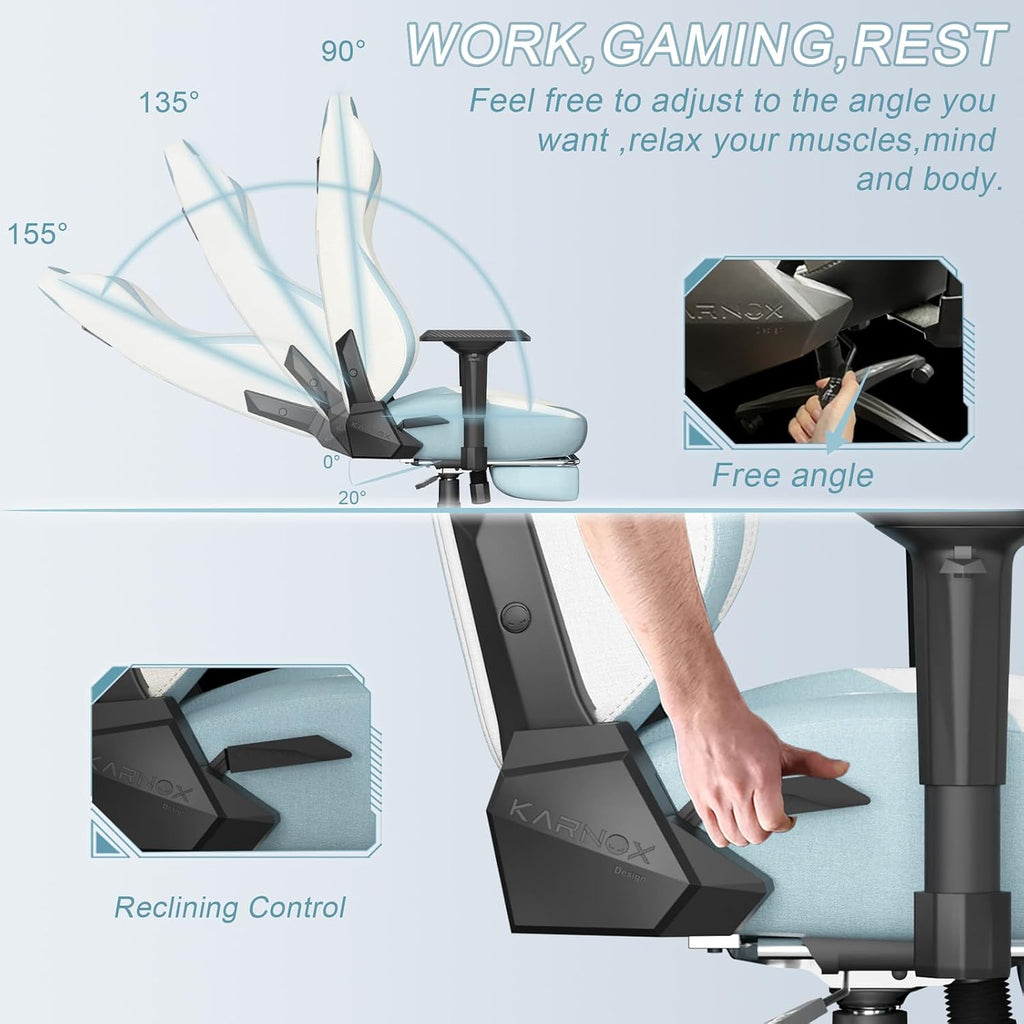 KORNOX Ergonomic Gaming Chair Fabric with Footrest for Adults,Office Chair High Back,Game Chair Racing Cloth Height Adjustable,Game Chair with Headrest and Lumbar Support for Girls,White and Blue